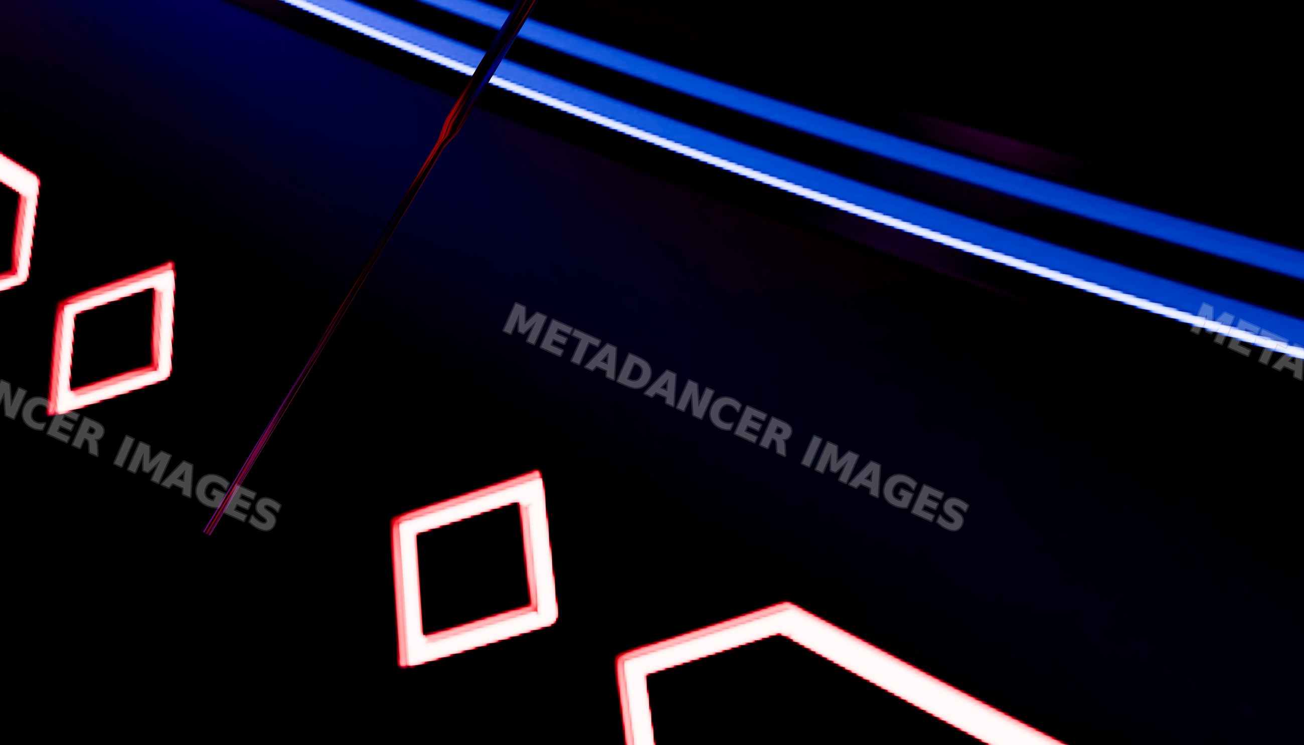 Close-up of modern clock face with glowing geometric shapes and clock