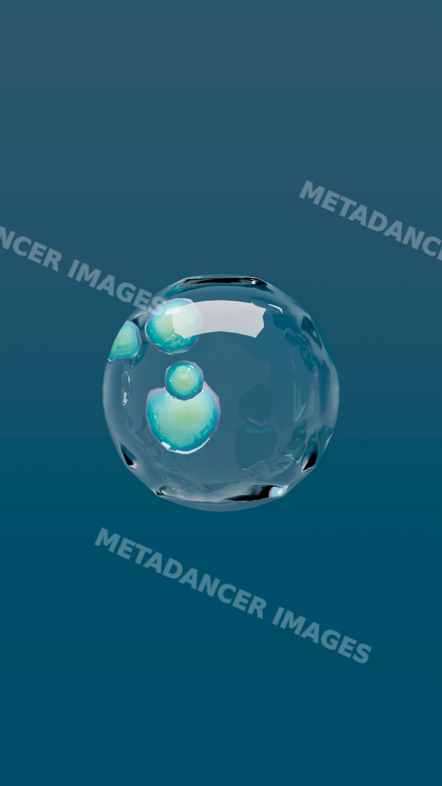 Transparent water bubble with inner droplets on blue background