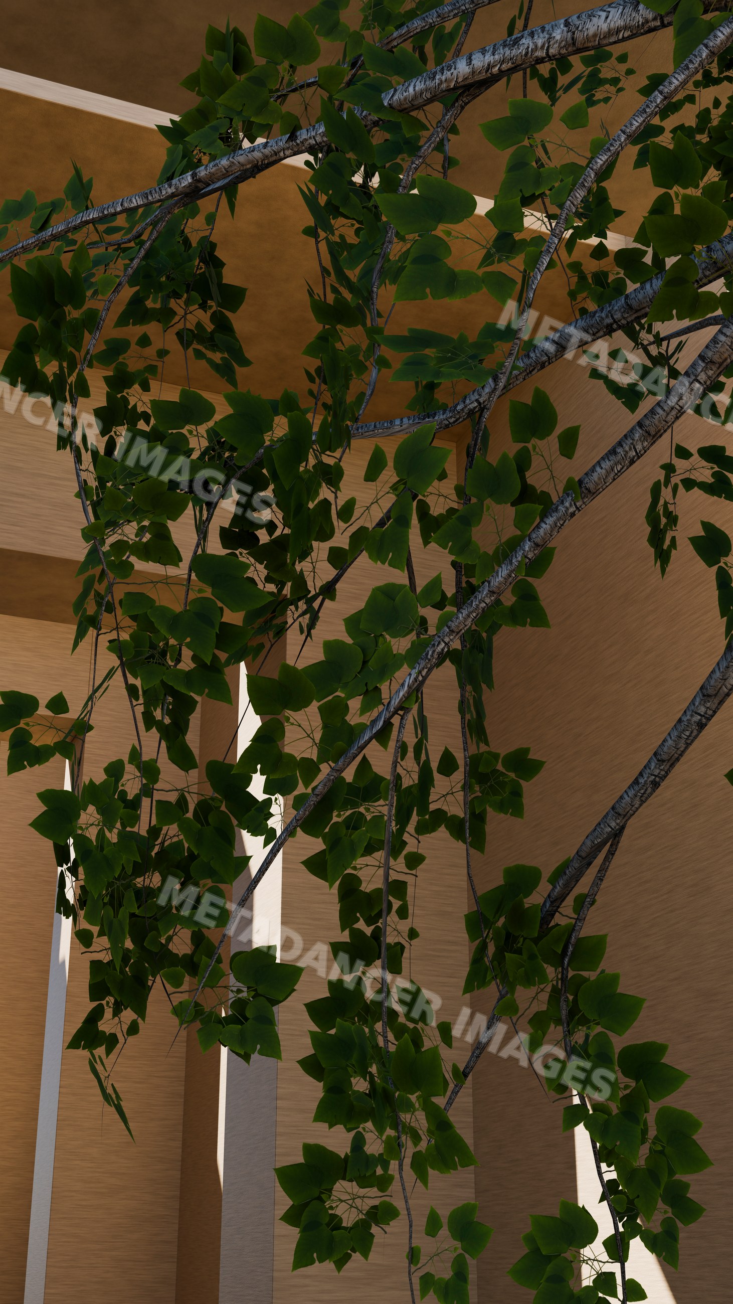 Tree branches with green leaves in indoor wooden interior