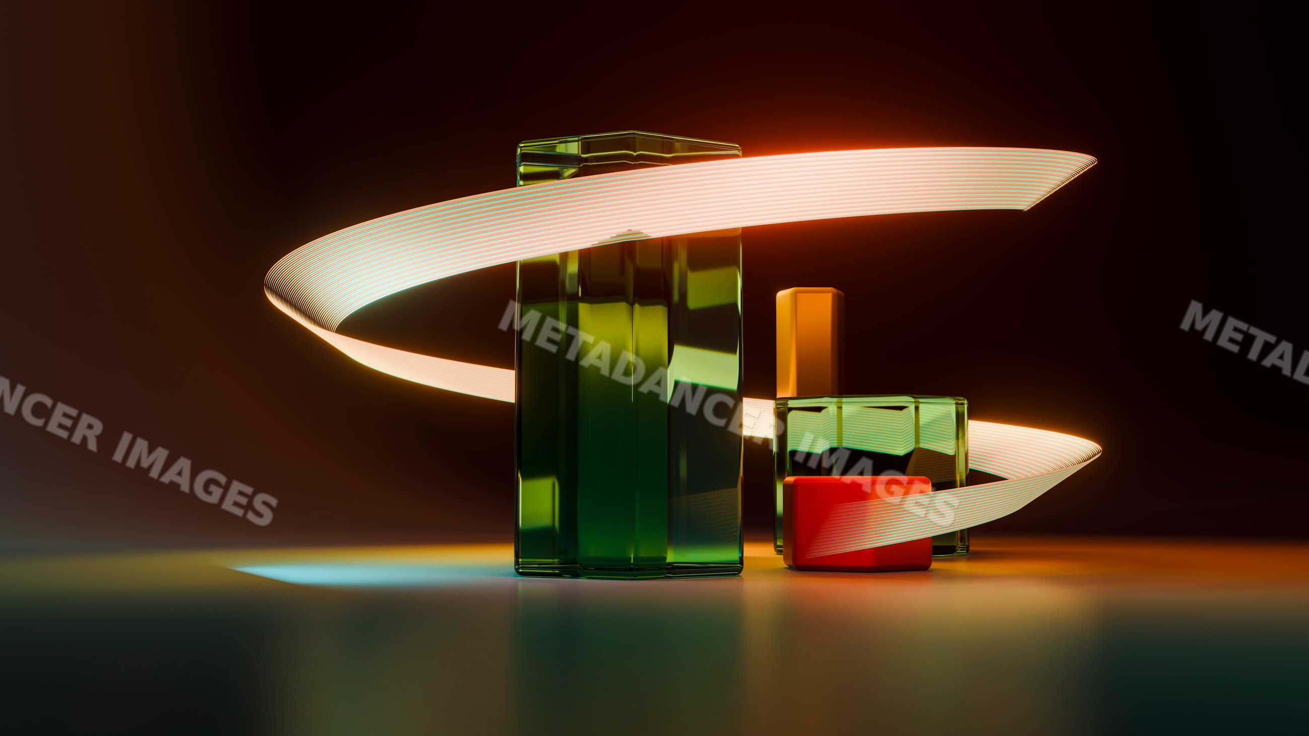 Glass bottles illuminated by glowing light streak on reflective