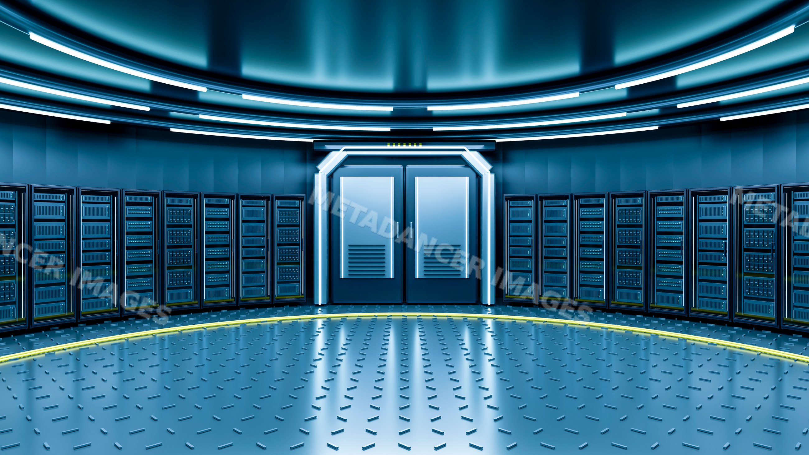 Futuristic data center with server racks and illuminated doors