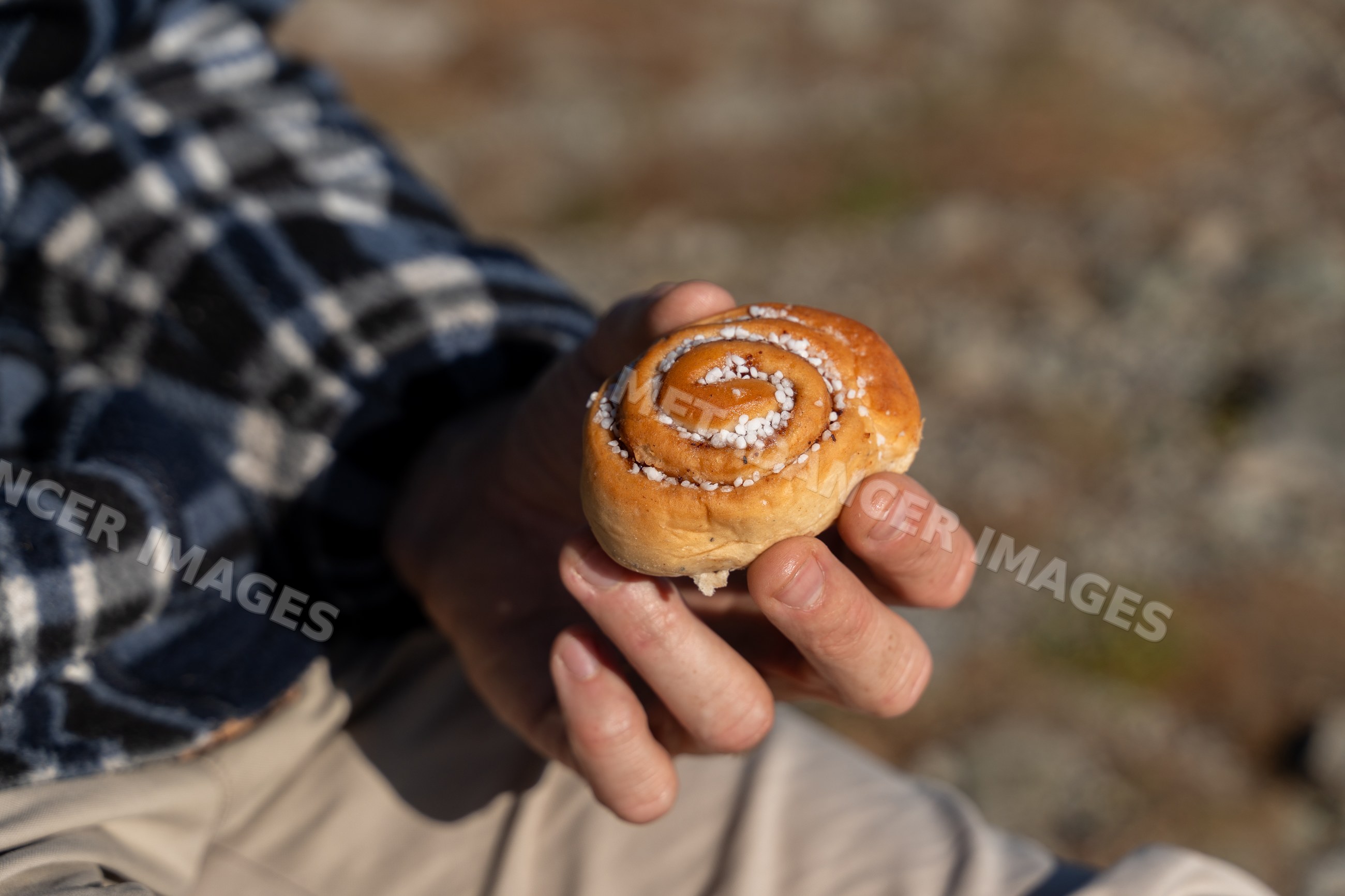 Hand holding cinnamon roll outdoors