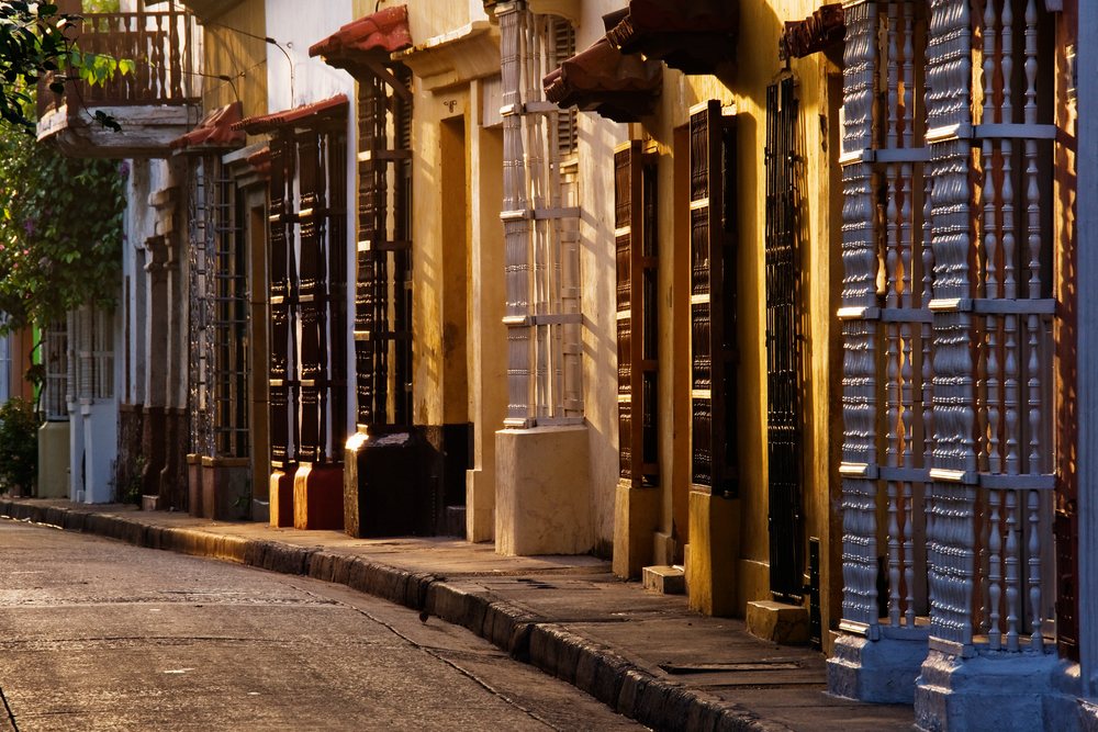 Street with colonial balconies, cartagena, colombia