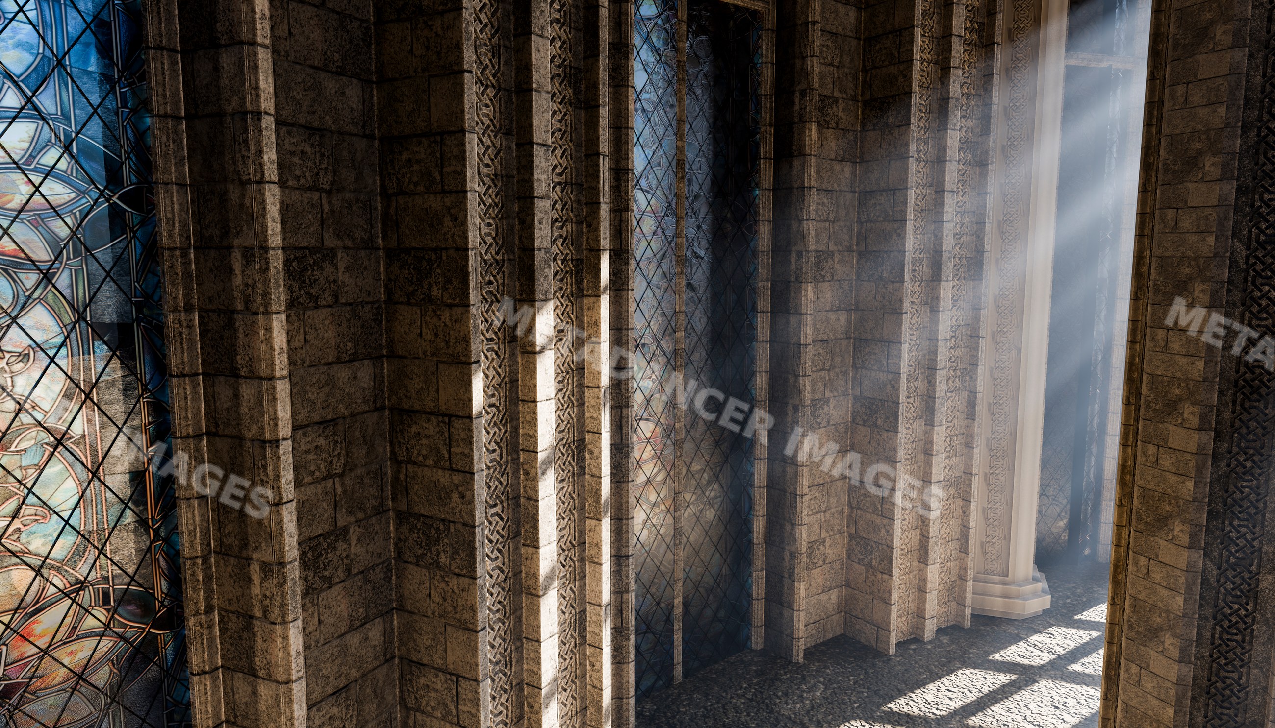 Stone walls and arched stained glass windows