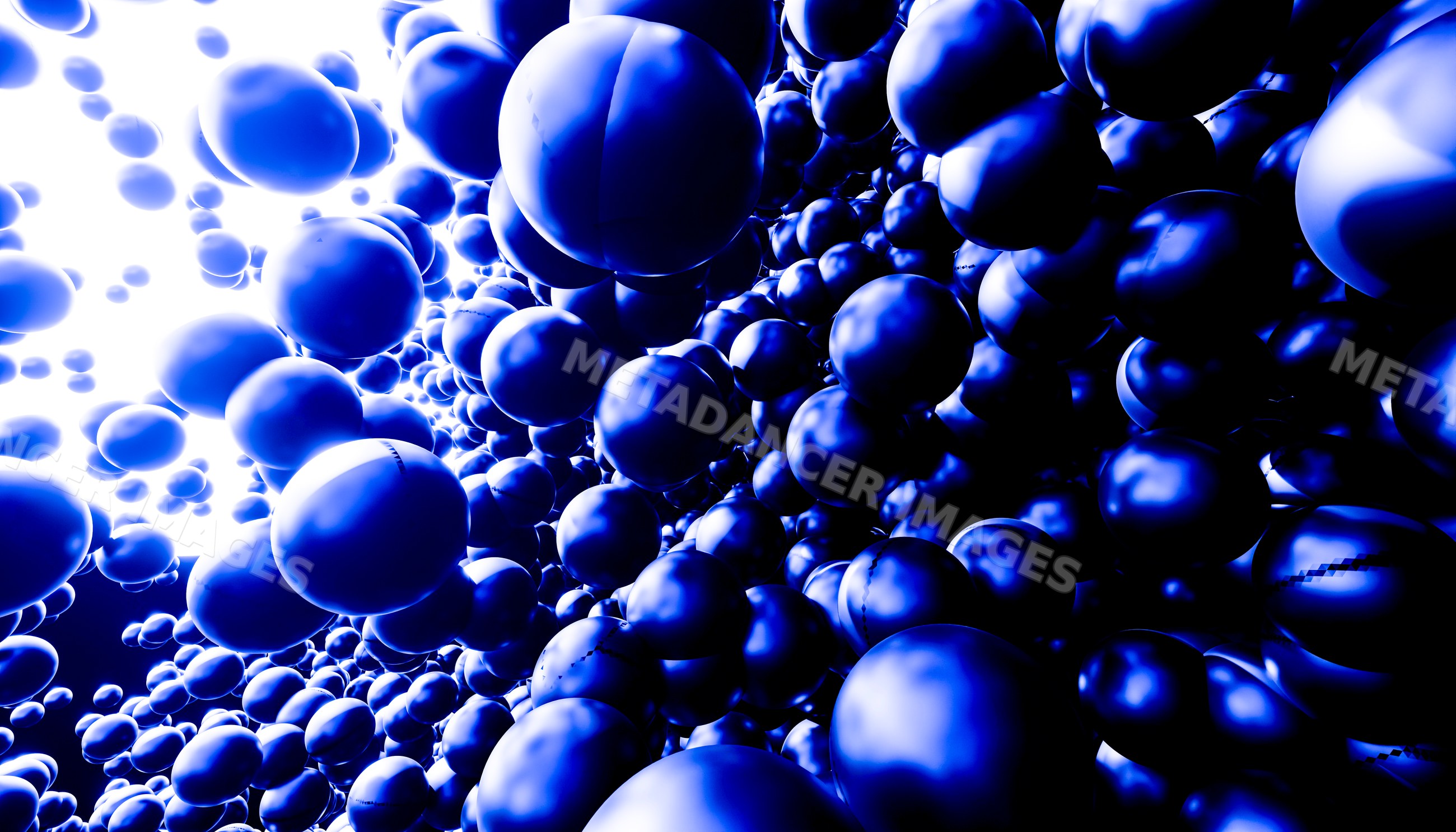 Close-up view of floating shiny blue spheres in abstract digital art