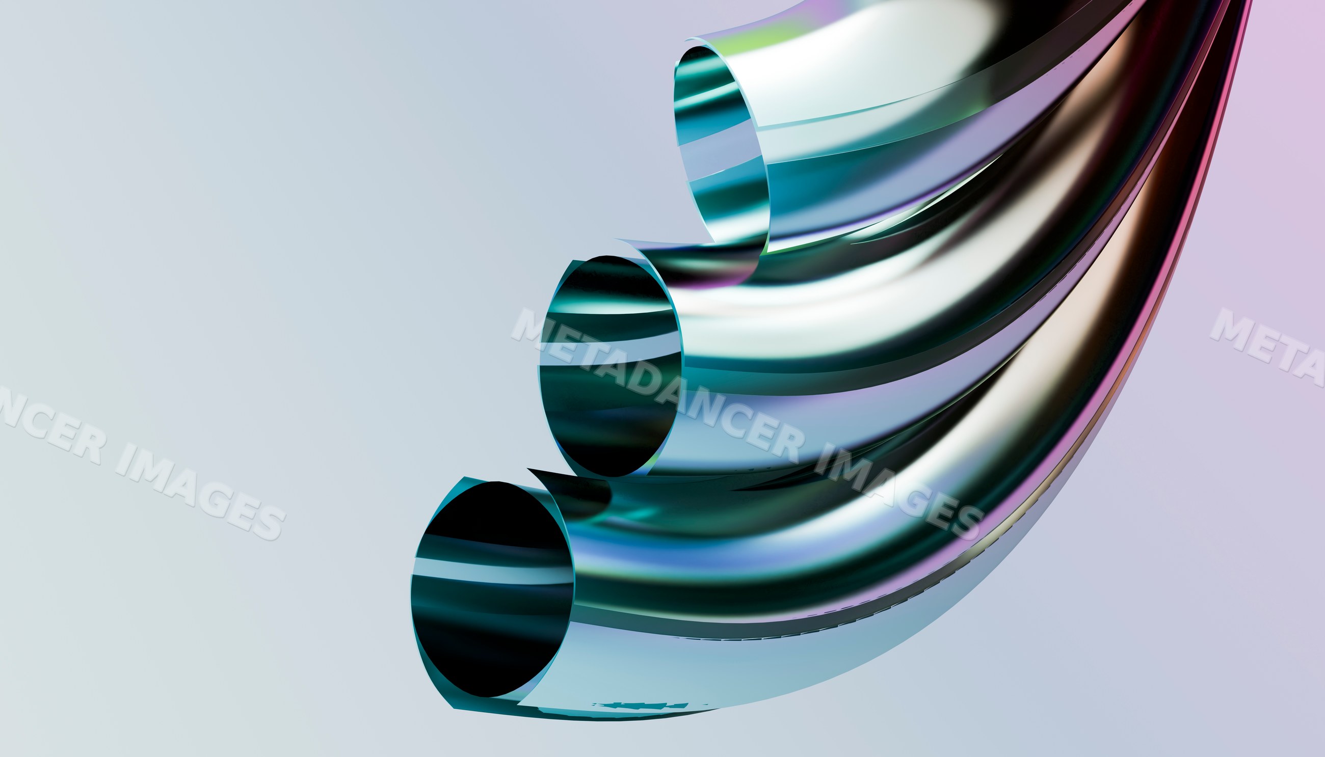 Shiny curved stainless steel tubes with reflective surfaces