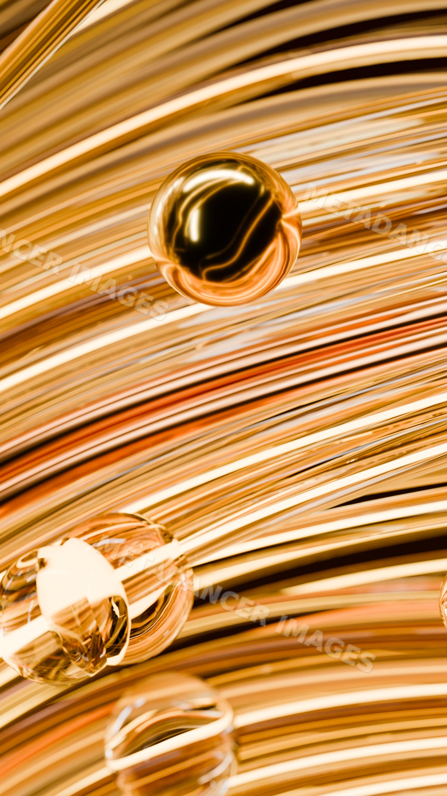 Golden spheres swirling among shiny curved metallic lines