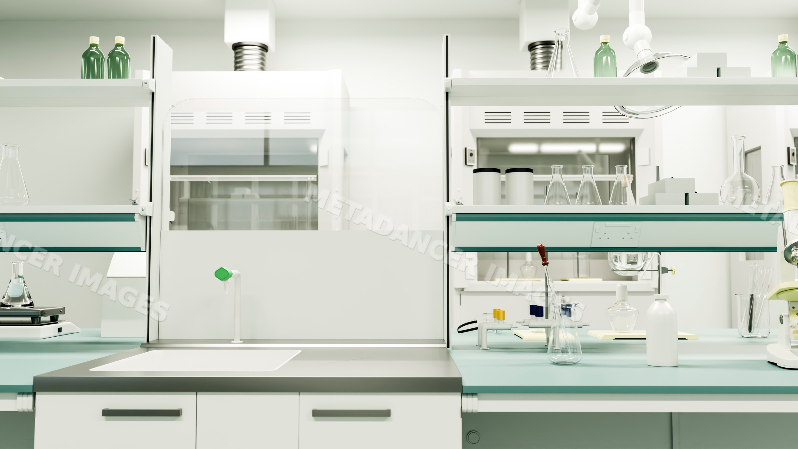 Laboratory workspace with scientific glassware and microscope