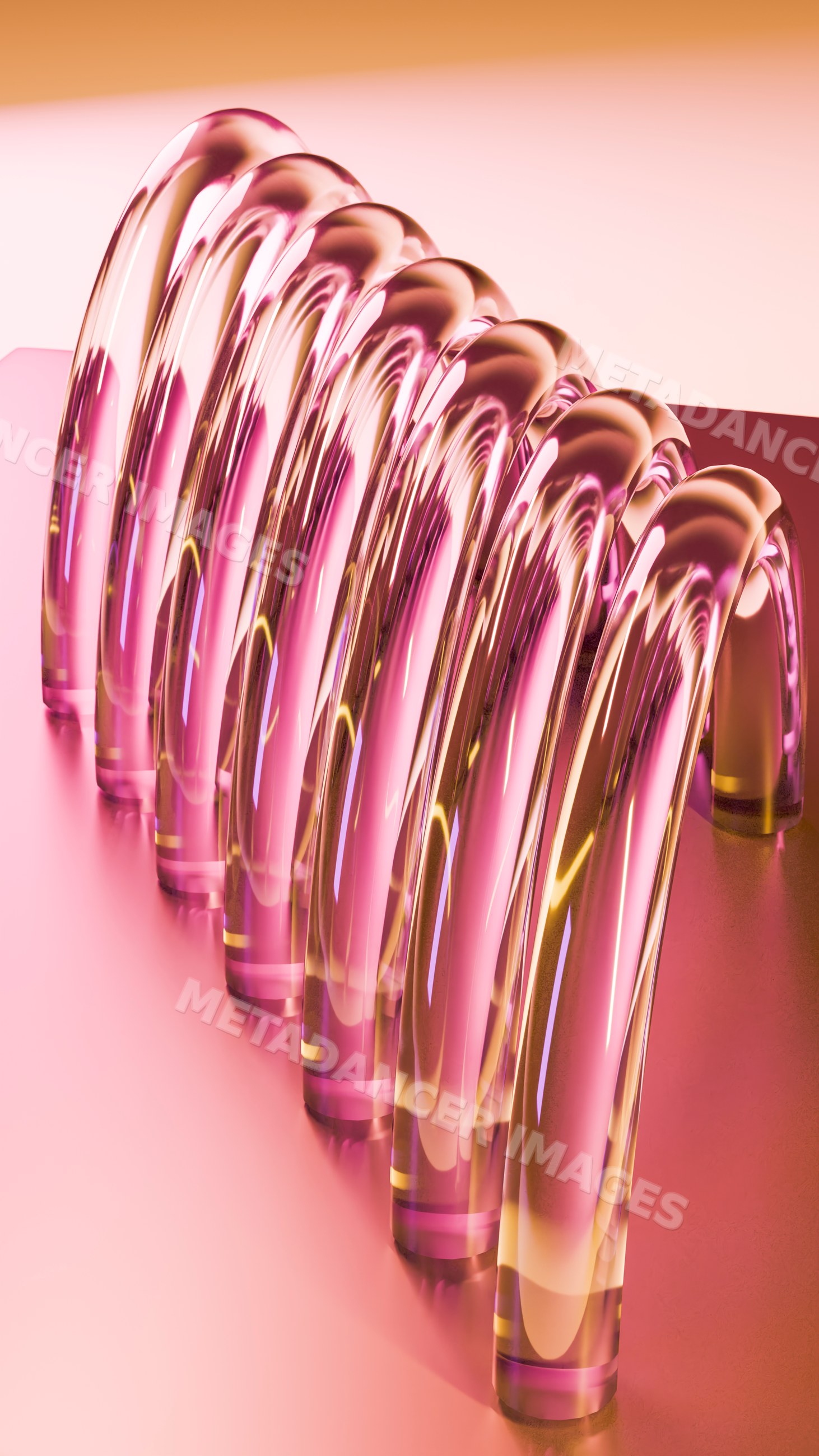 Curved transparent glass tubes artwork on pink reflective surface