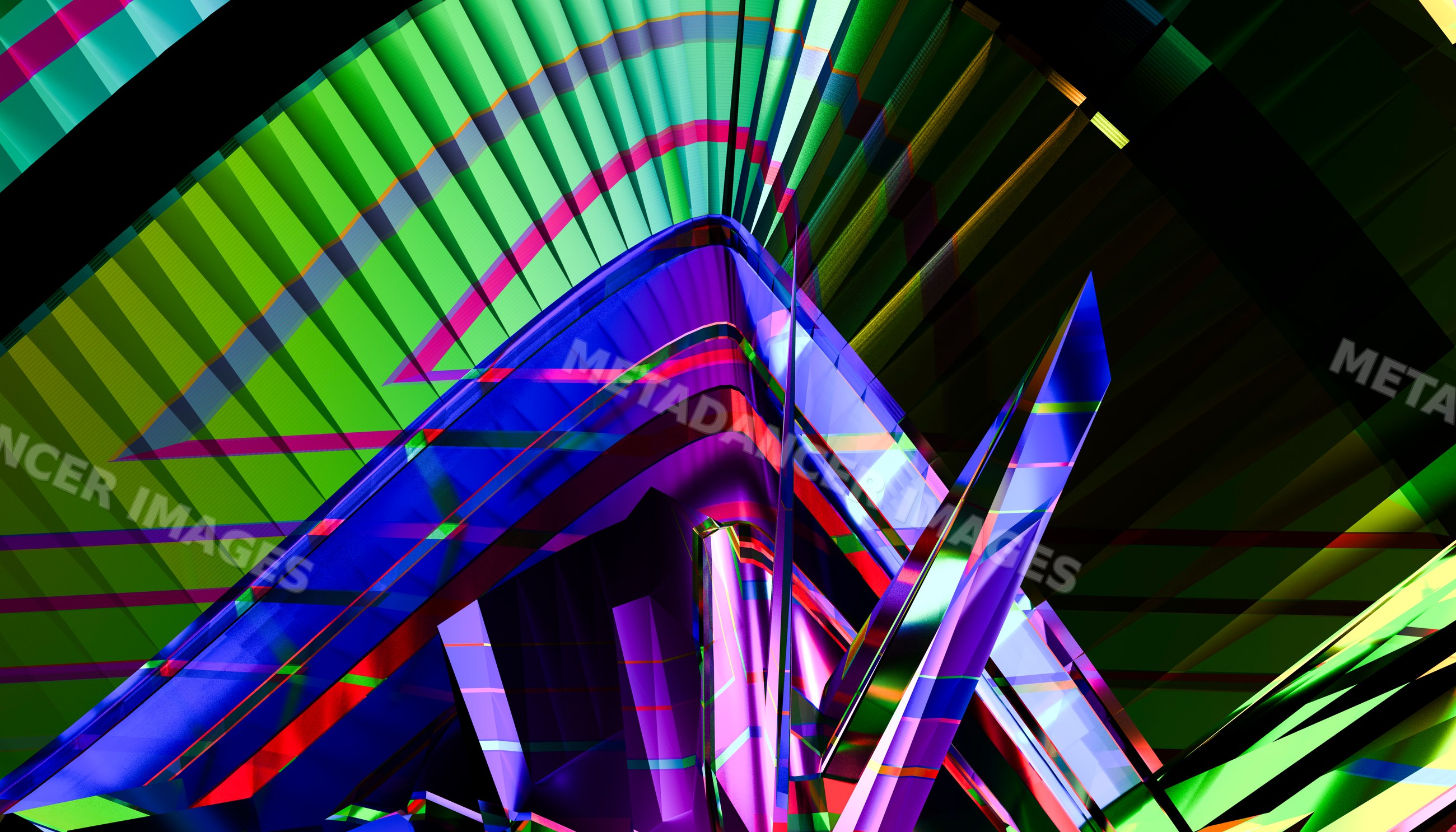 Abstract colorful glass geometric shapes with reflective surfaces