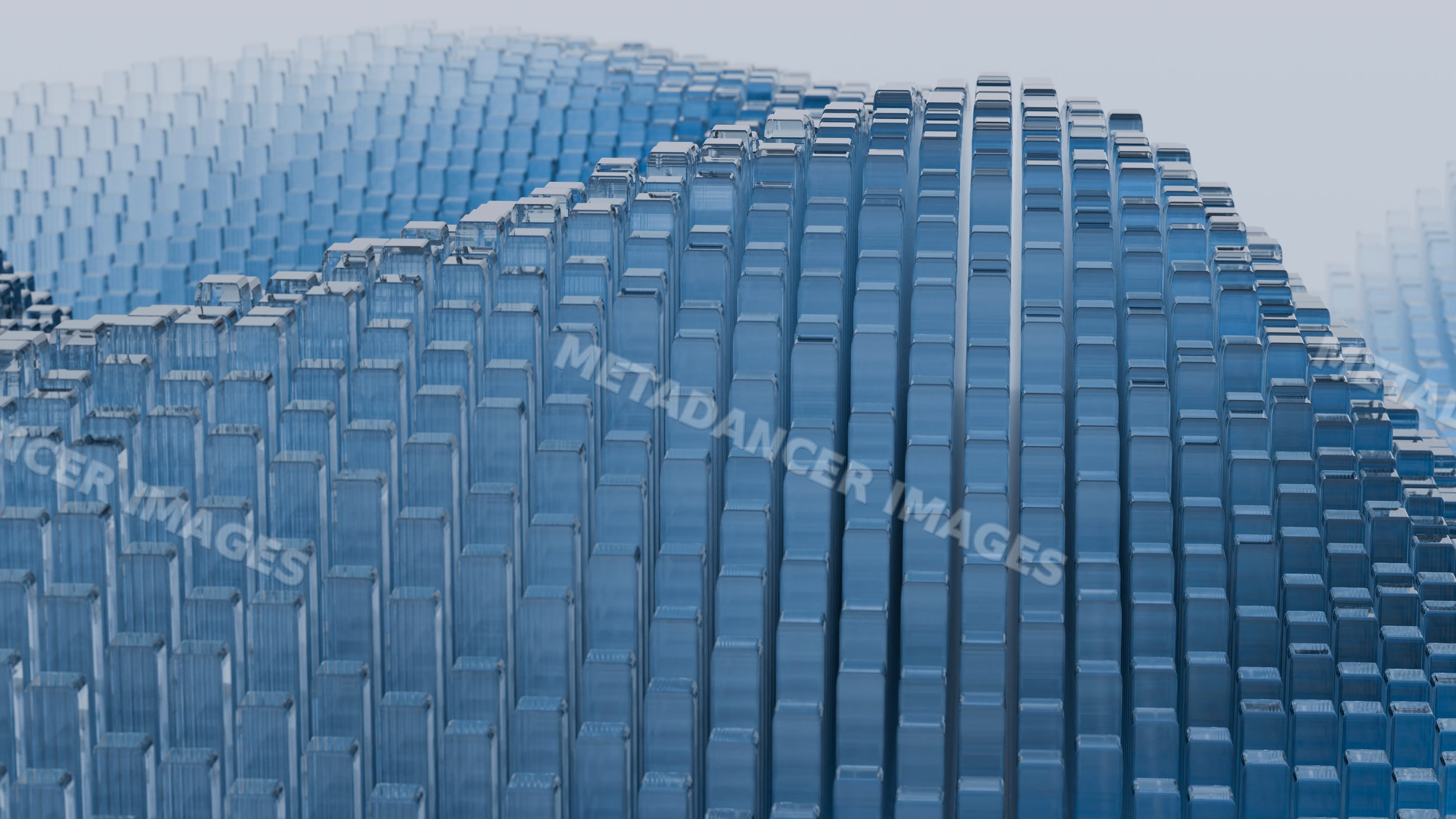 Blue translucent glass blocks forming layered wave pattern