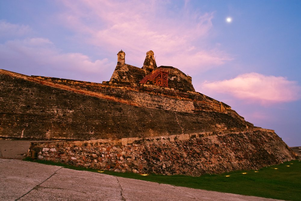 Castillo de san felipe de barajas fortress at sunset, colombia