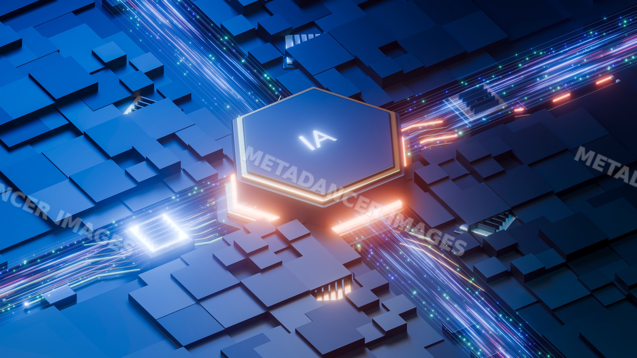 Artificial intelligence microchip on futuristic blue circuit board