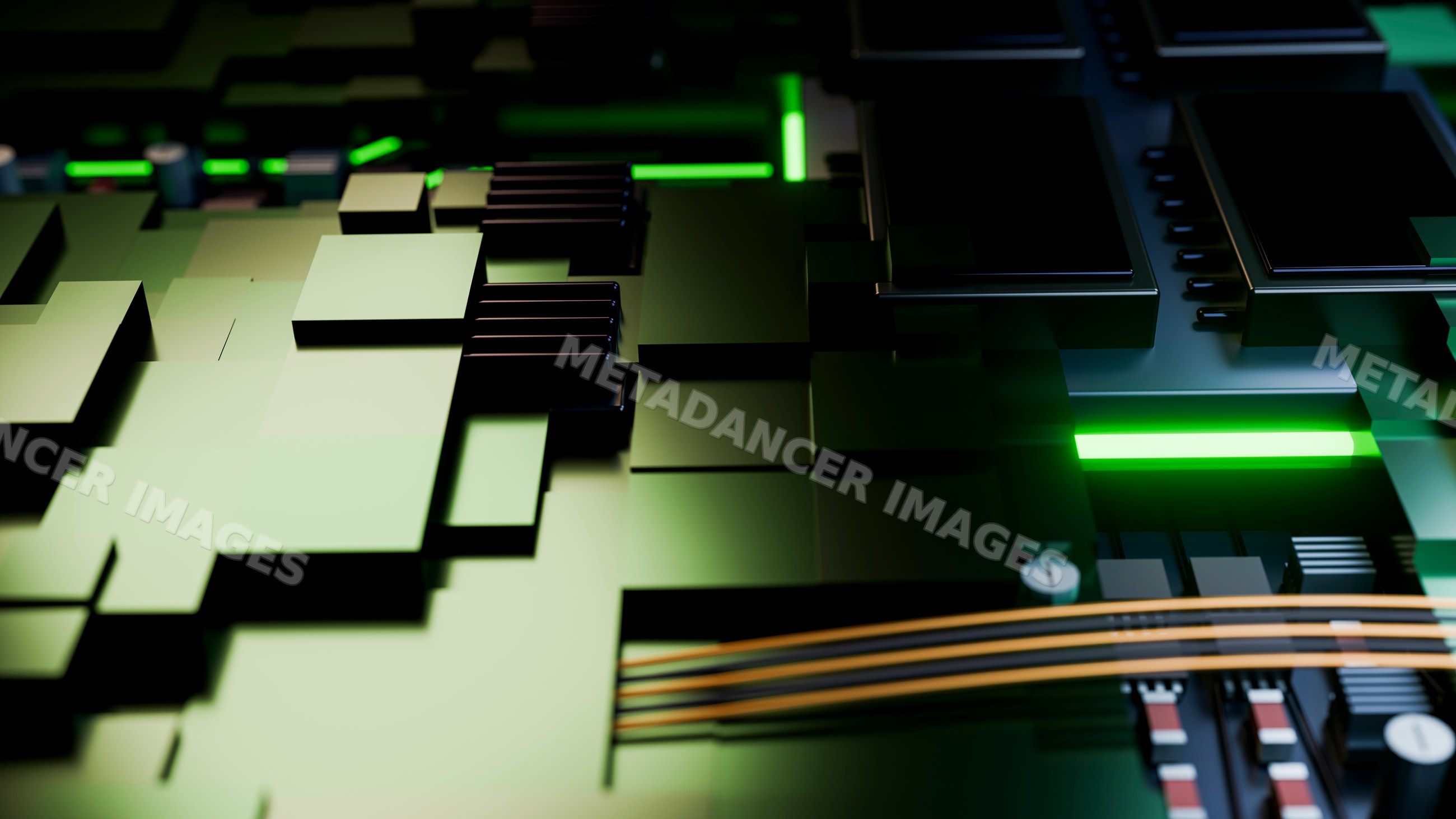 Circuit board with electronic components and green lighting