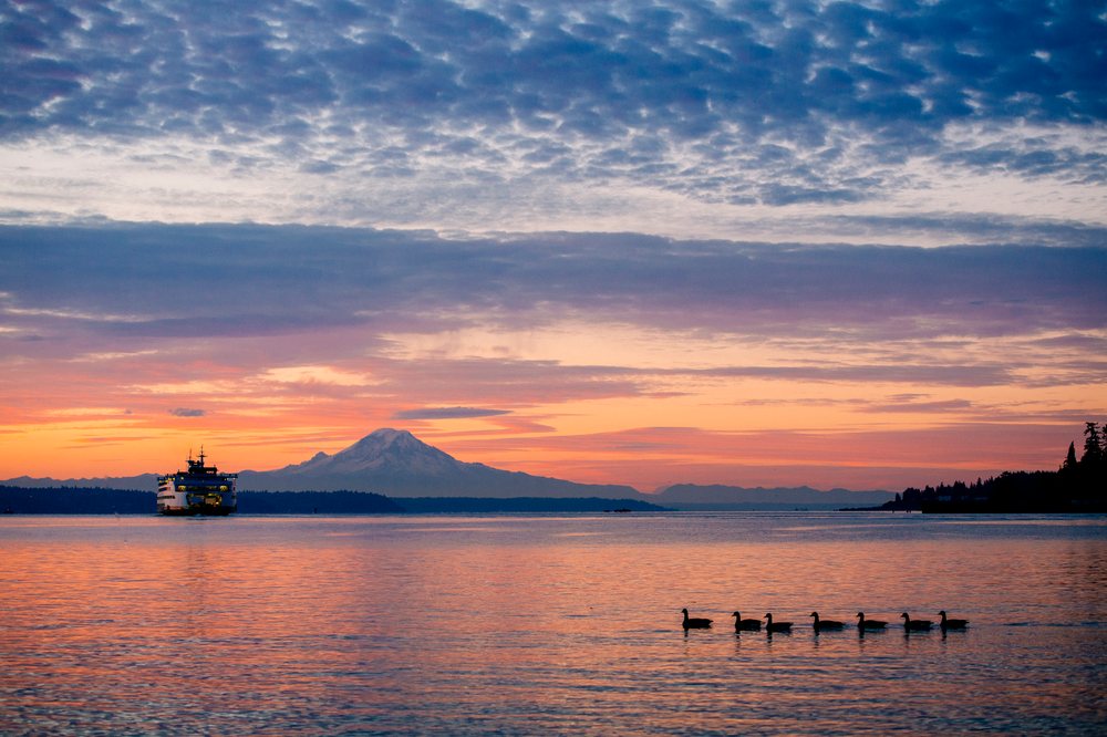 Sunset over water with mount rainier, ferry
