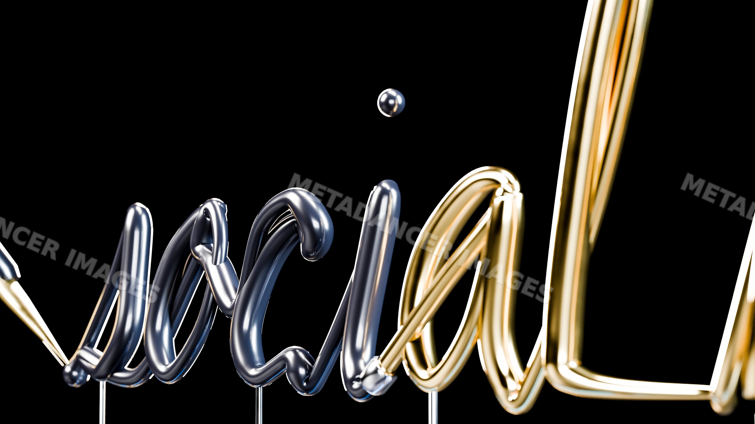 Metallic silver and gold 3d letters spelling metal on black background