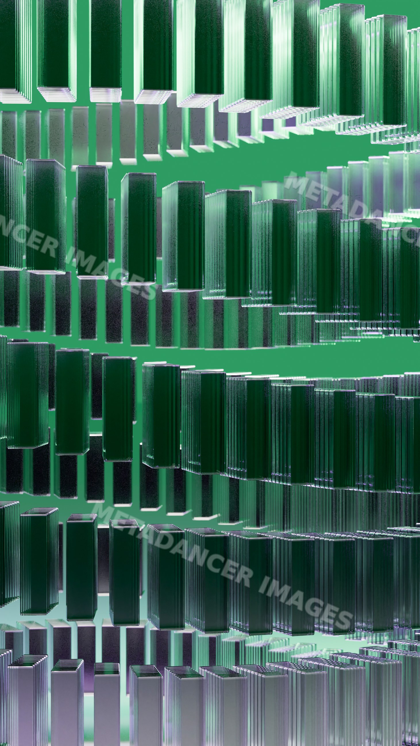 Abstract pattern of stacked transparent green glass blocks