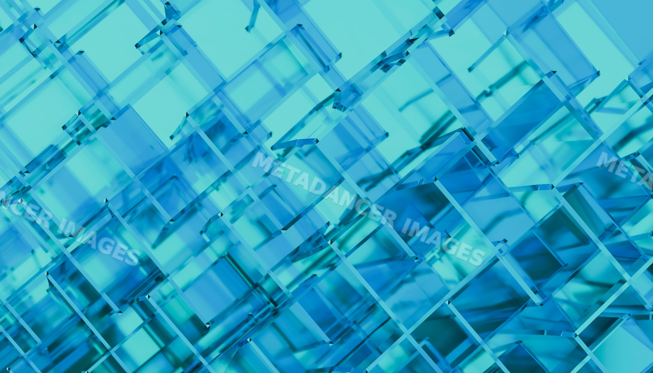 Close-up of transparent blue glass cubes forming an abstract pattern