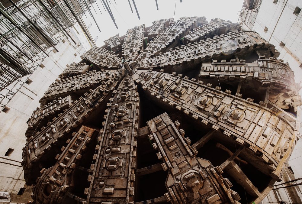 Boring machine cutterhead at an underground construction site