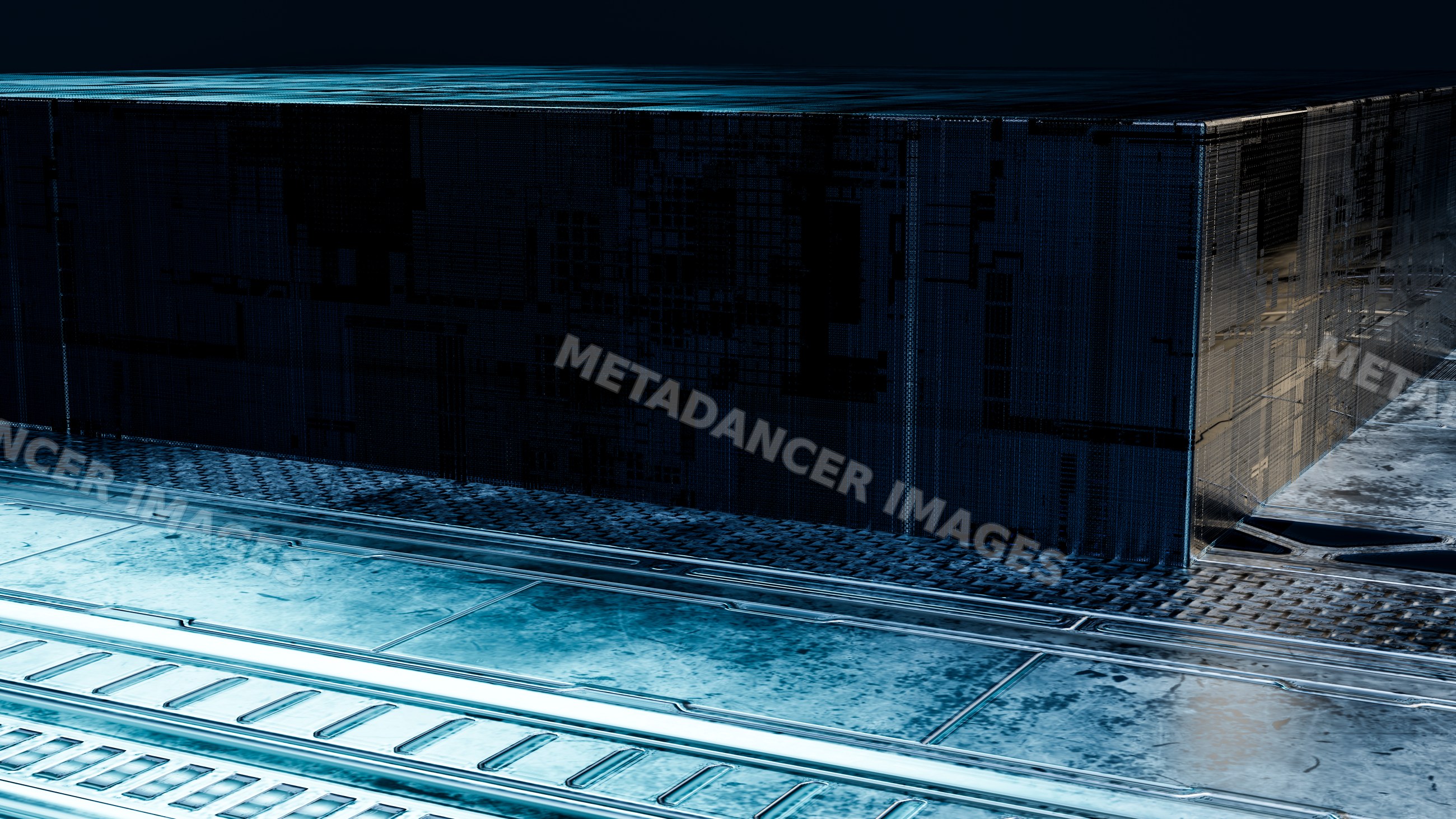 Rectangular futuristic block with metallic texture on high-tech metal