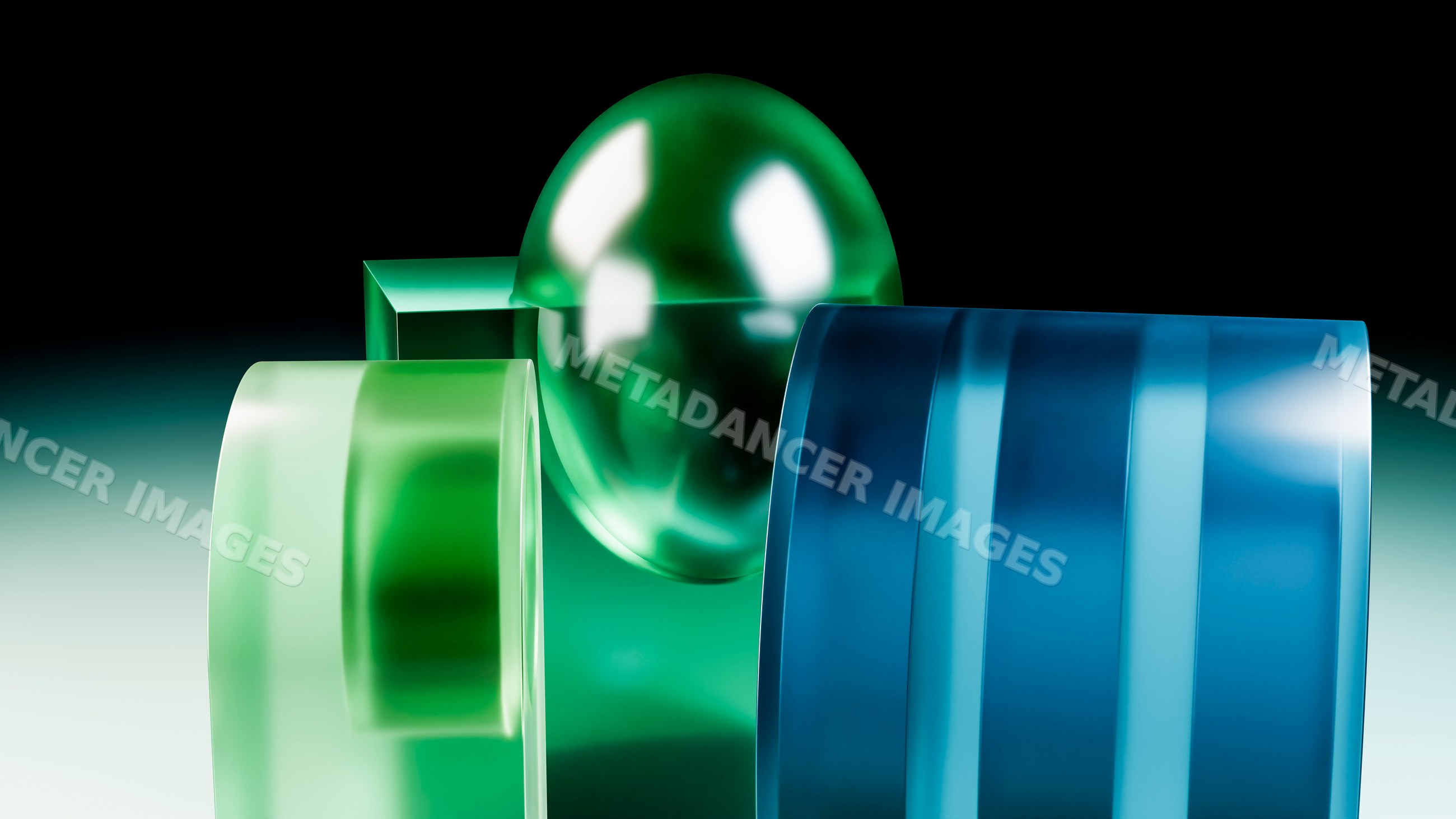 Abstract composition of green sphere and blue cylinder 3d illustration