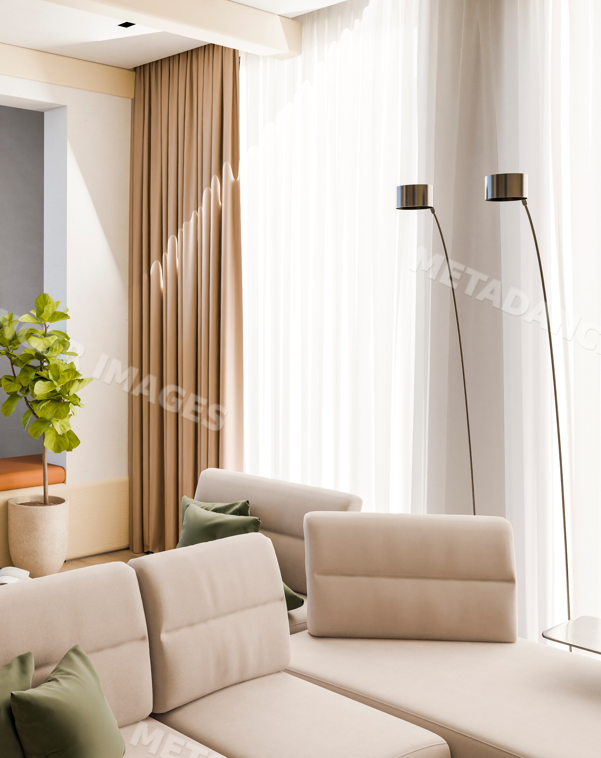 Modern living room with beige sofa, green pillows, and floor lamps