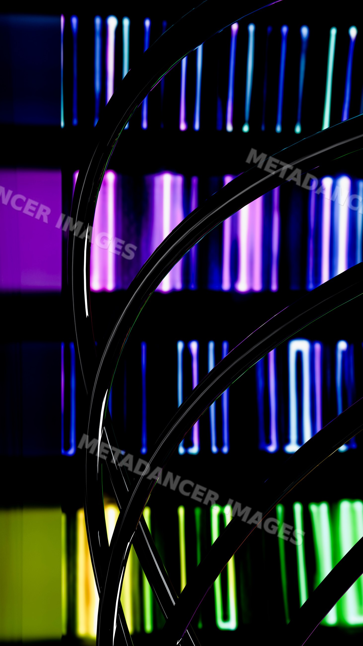Abstract glossy black tubes with colorful vertical light bars