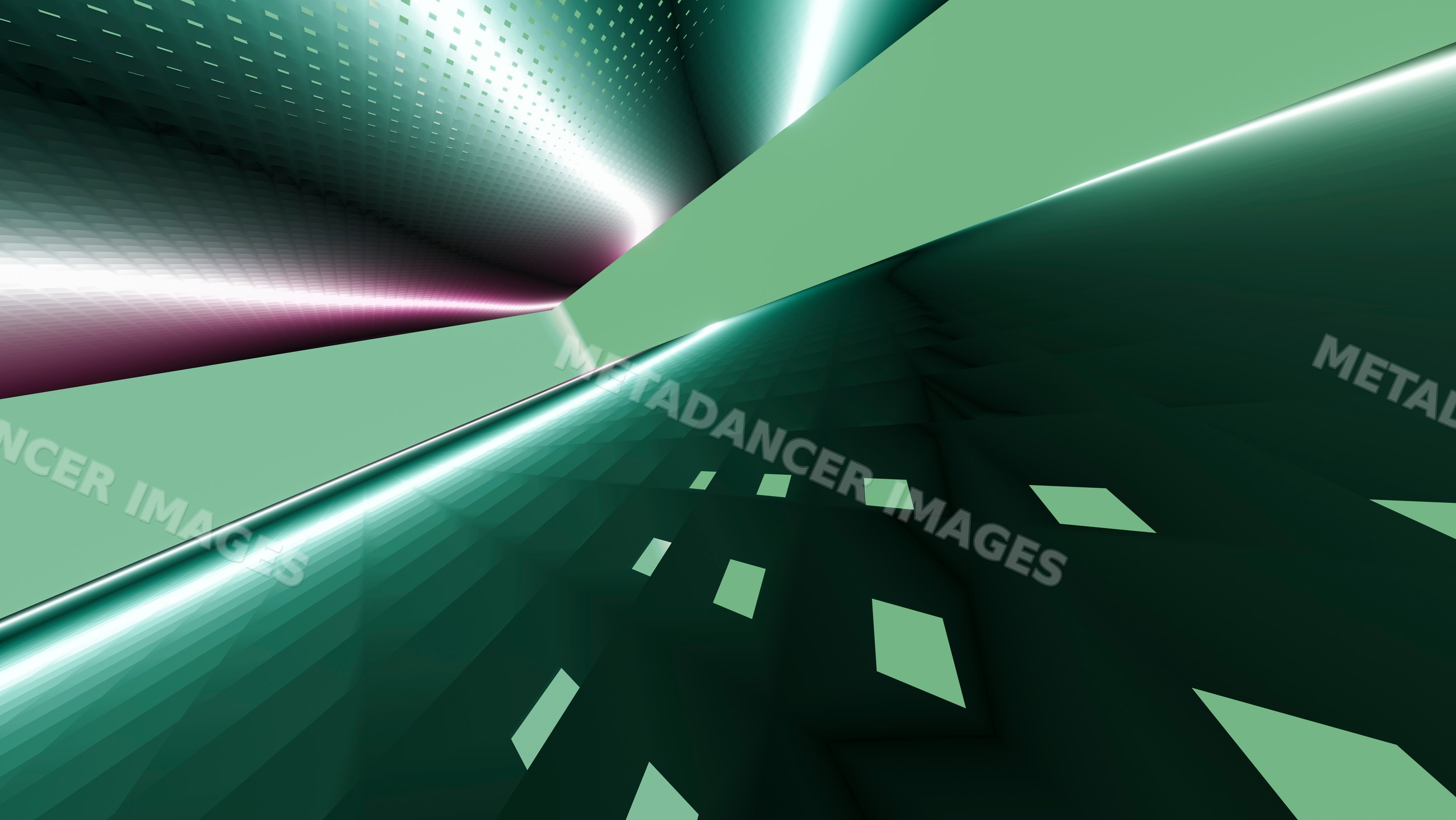 Geometric abstract digital art with green illuminated blocks