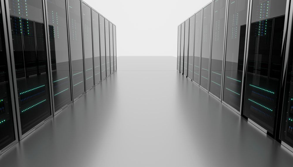 Interior view of a modern data center with rows of server racks
