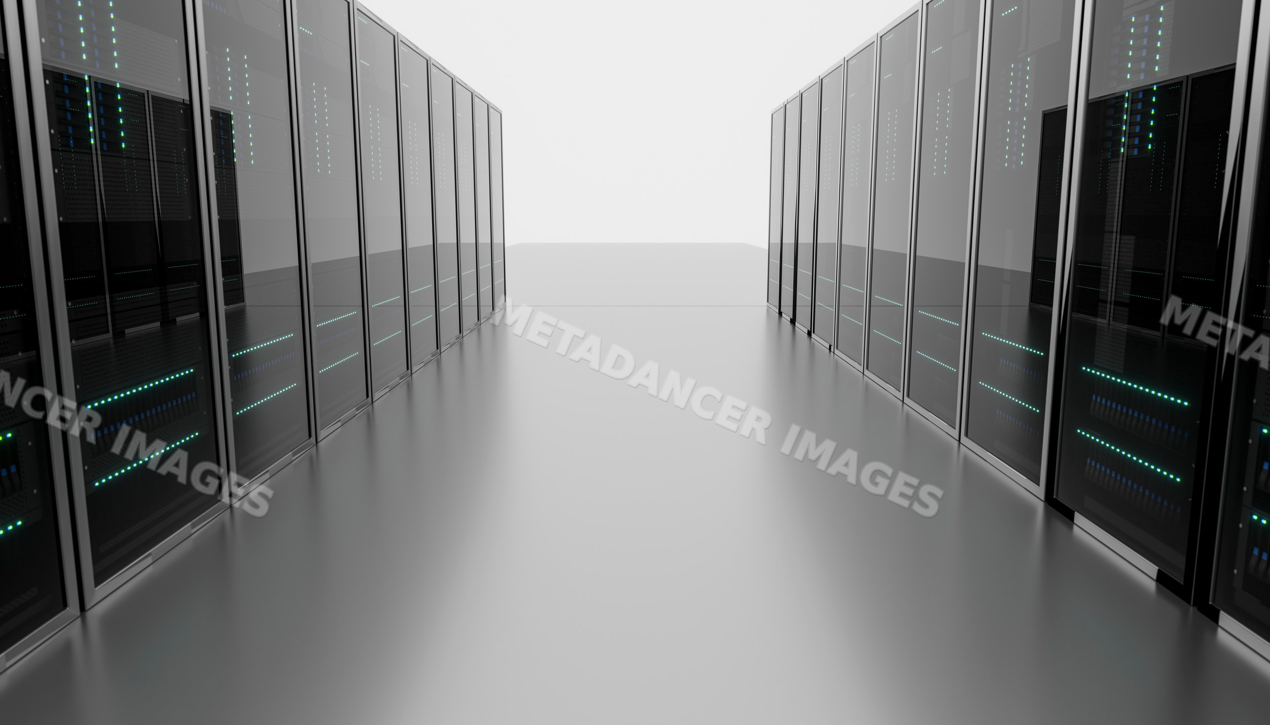 Interior view of a modern data center with rows of server racks