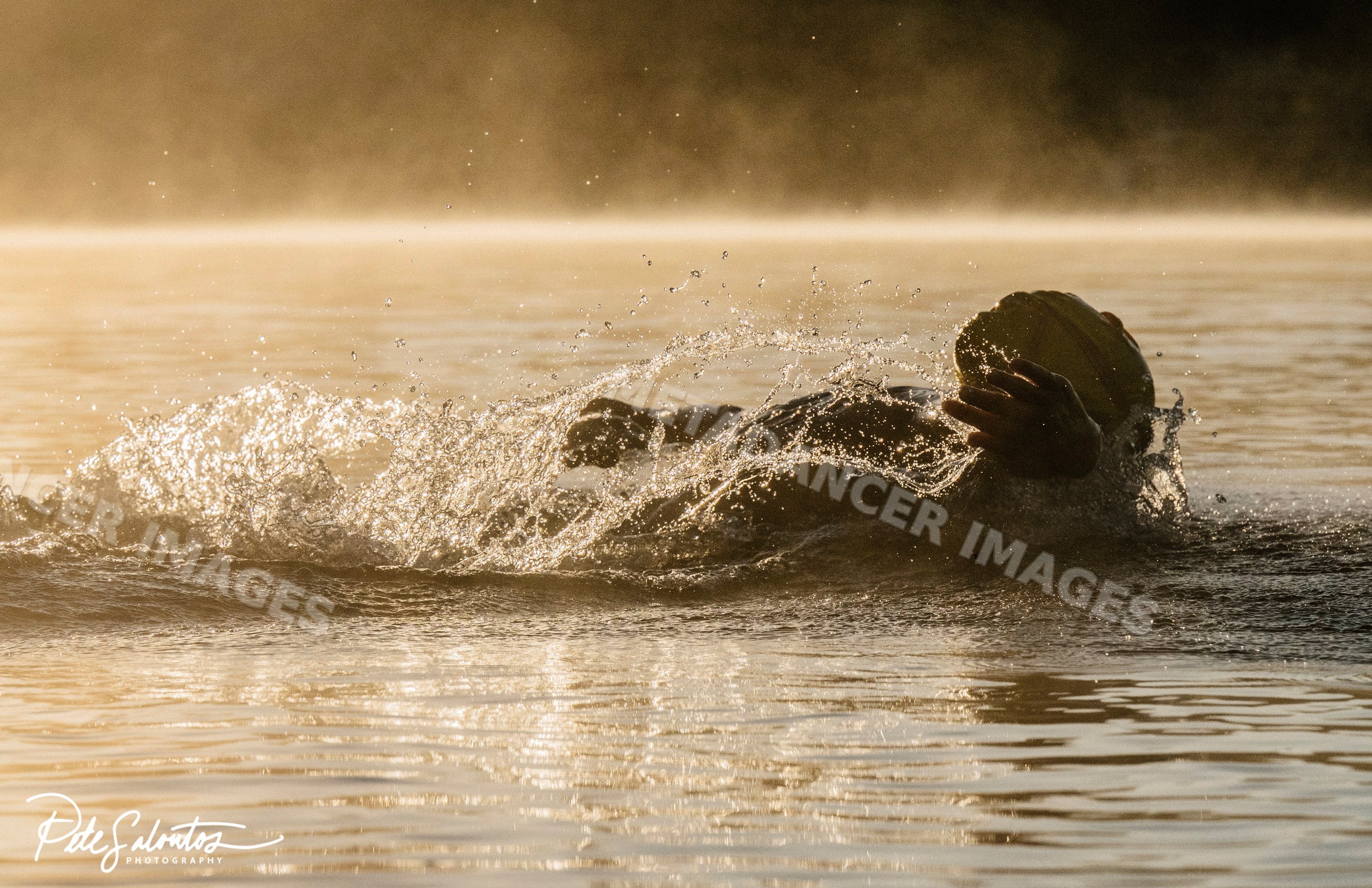 White swimmer creating water splash in lake during early morning mist
