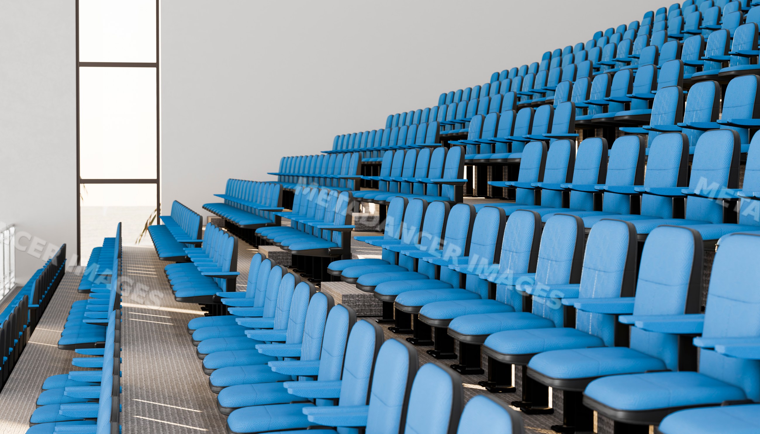 Blue upholstered auditorium seats