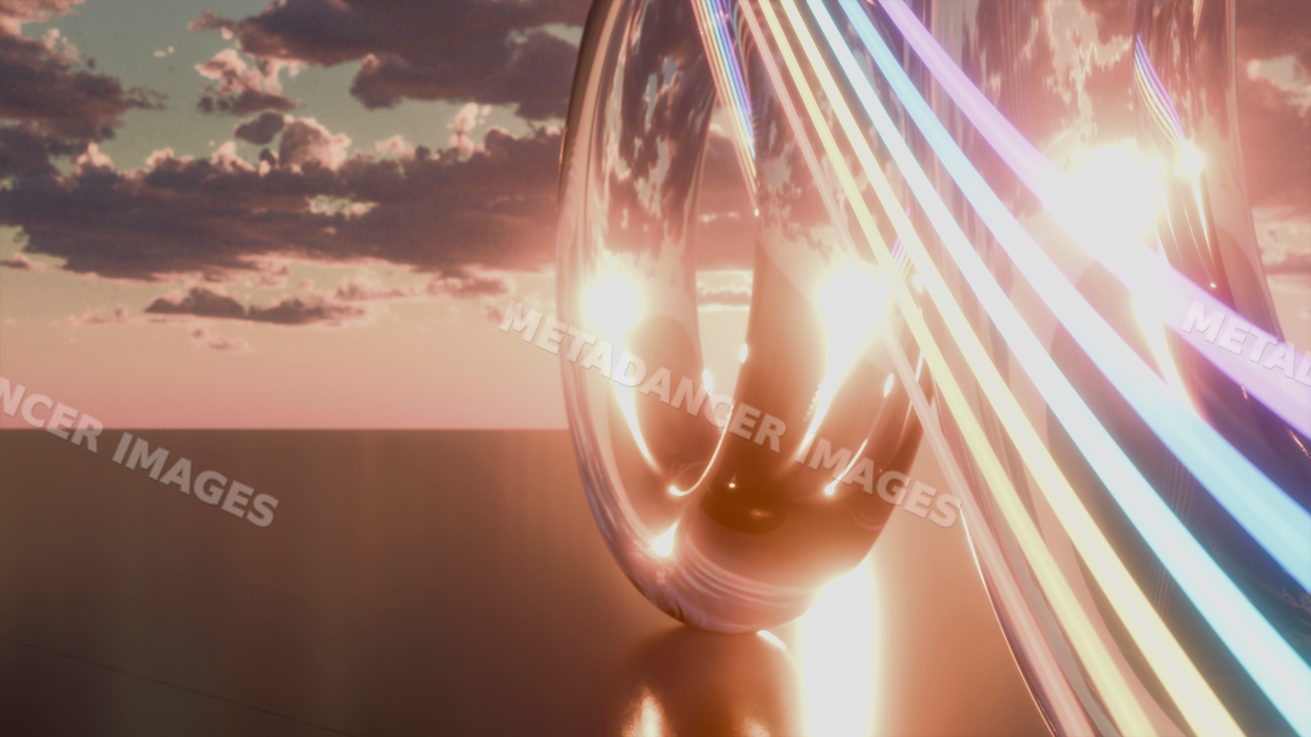 Abstract reflective sculpture with glowing light trails at sunset