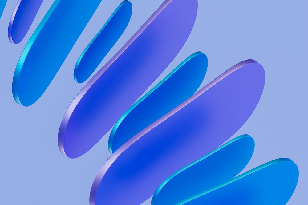 Abstract 3d blue and purple shapes floating in a spiral pattern