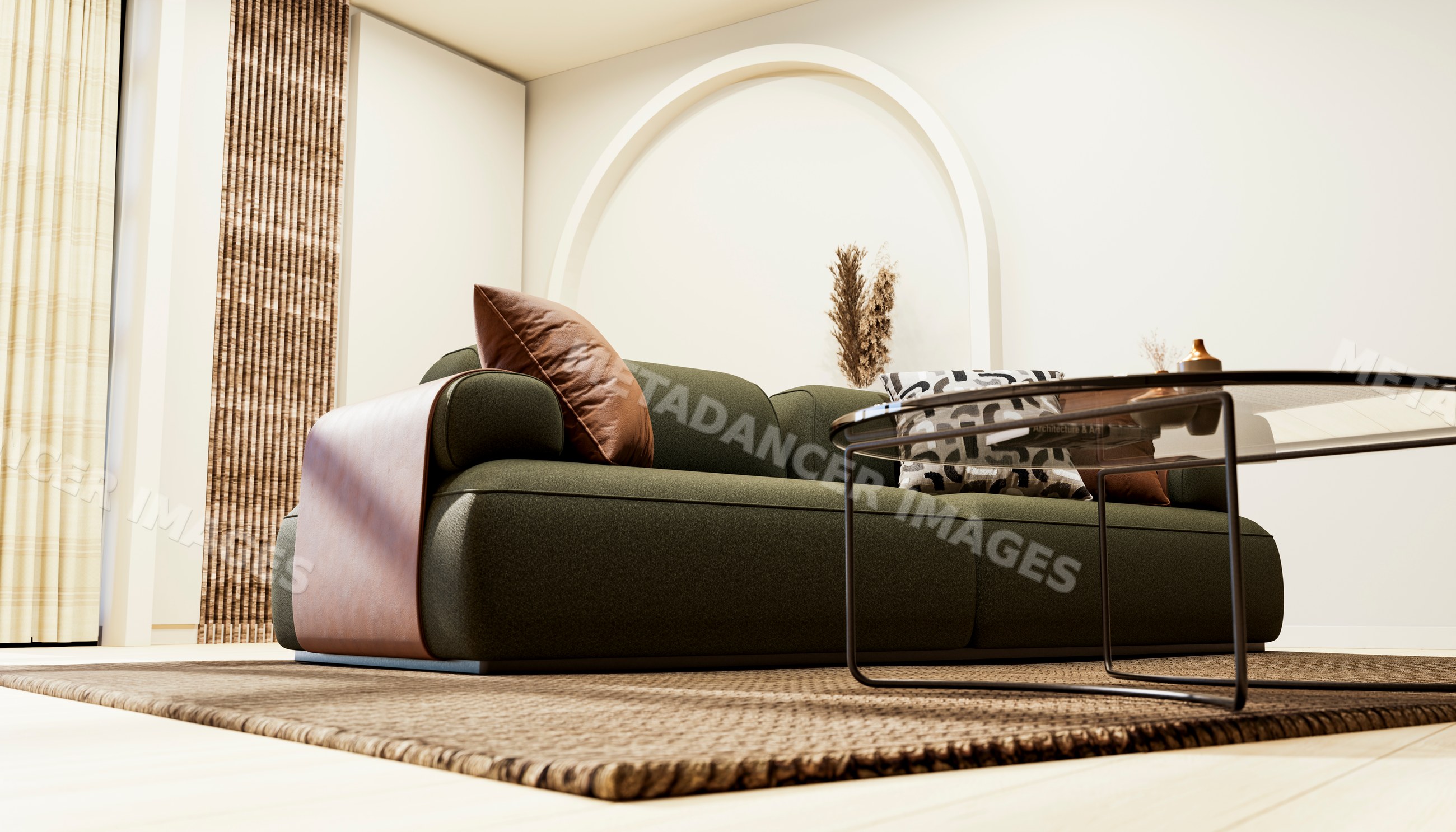 Modern green sofa with pillows beside glass coffee table