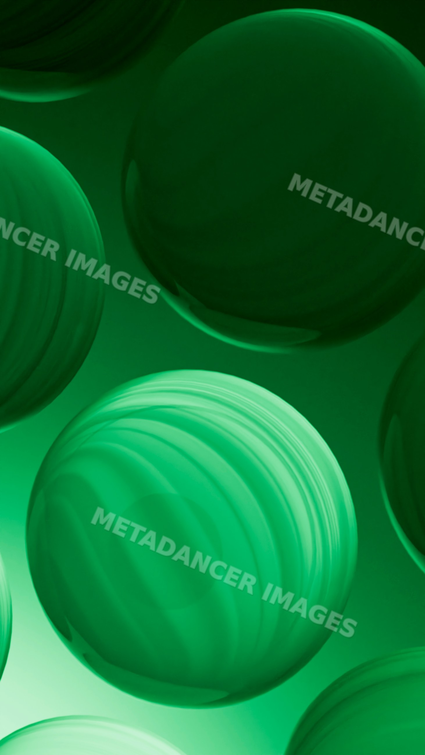 Abstract digital illustration of glowing green spheres with circular