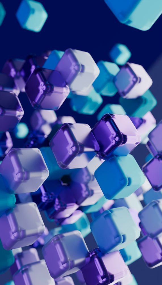Colorful 3d rendering of transparent blue and purple cubes floating