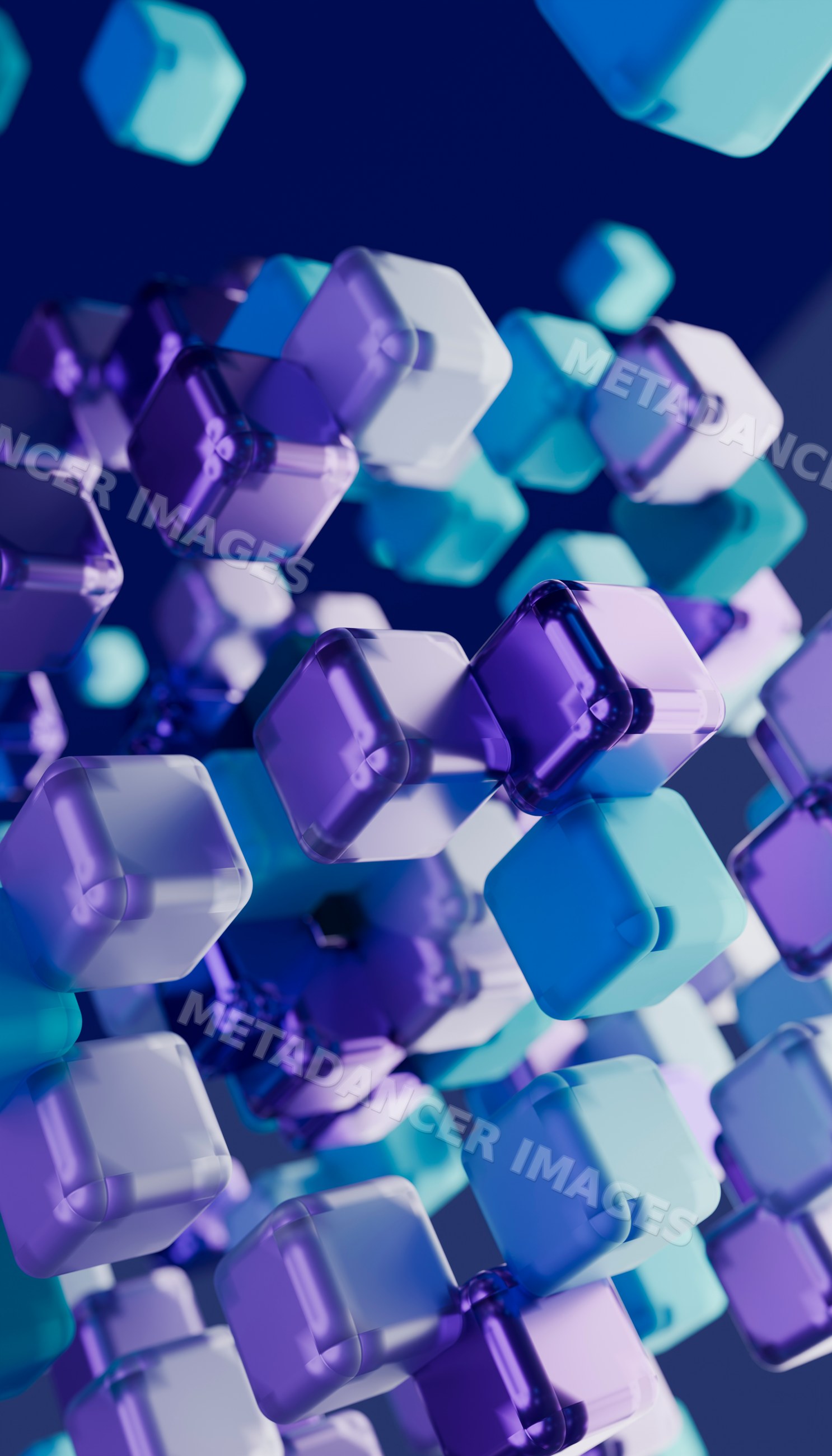 Colorful 3d rendering of transparent blue and purple cubes floating