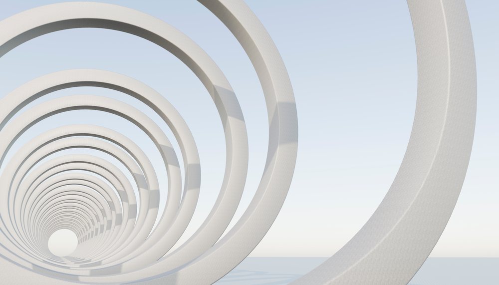 Abstract installation with repetitive white circular arches forming