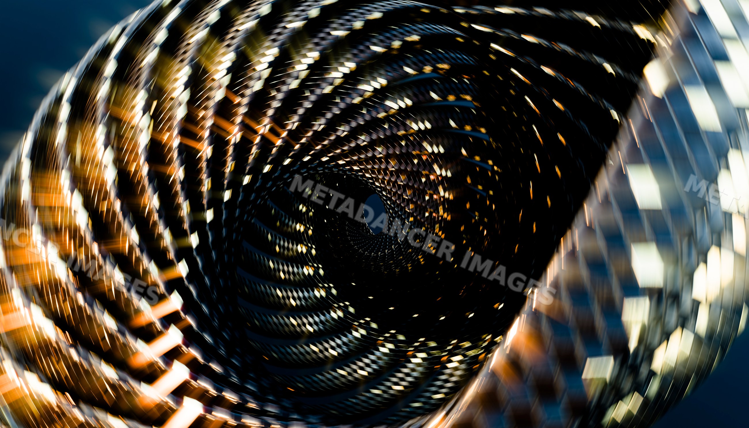 Close-up digital rendering of a twisting metal spiral structure