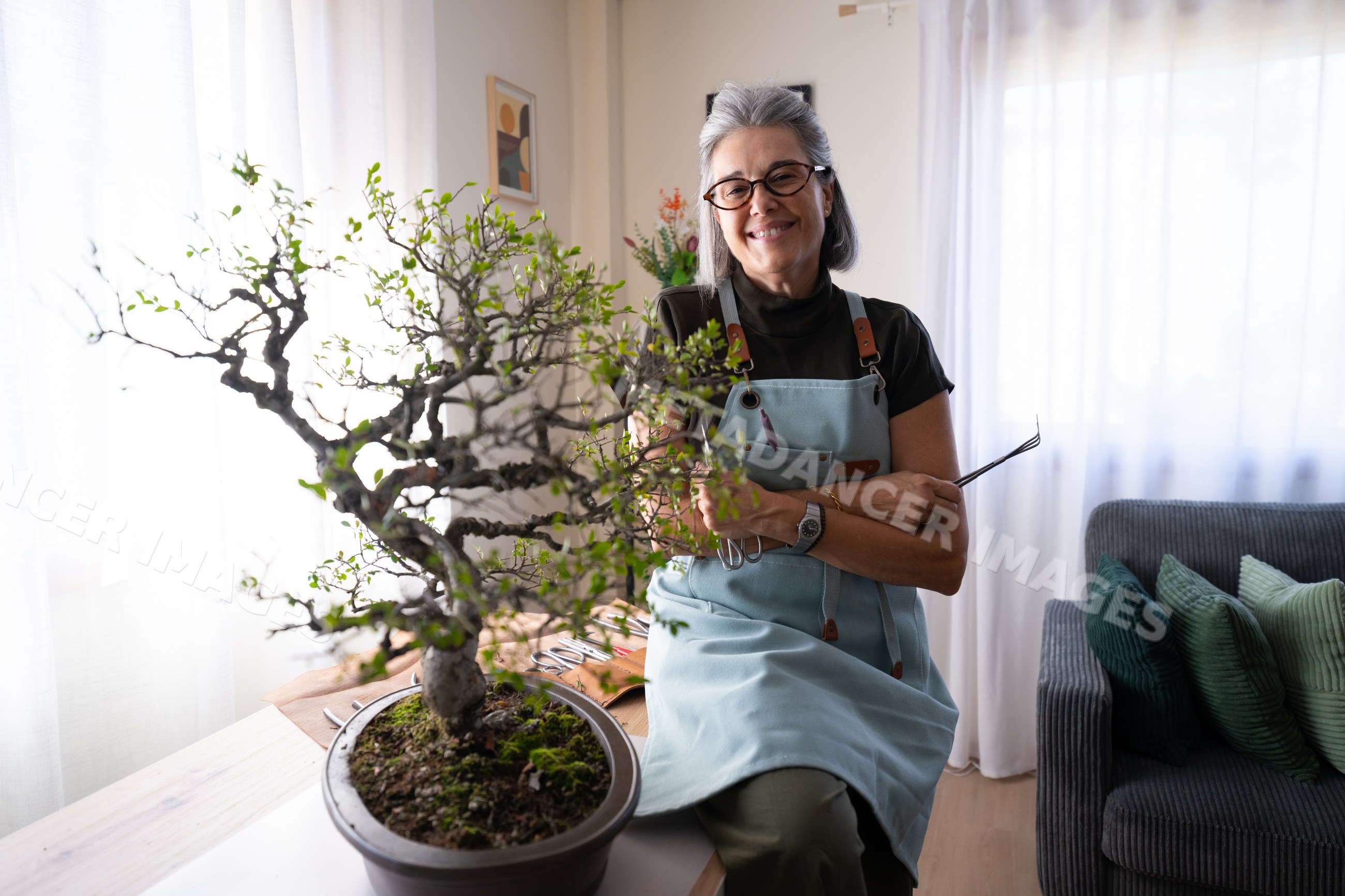 White woman caring for bonsai tree indoors in living room