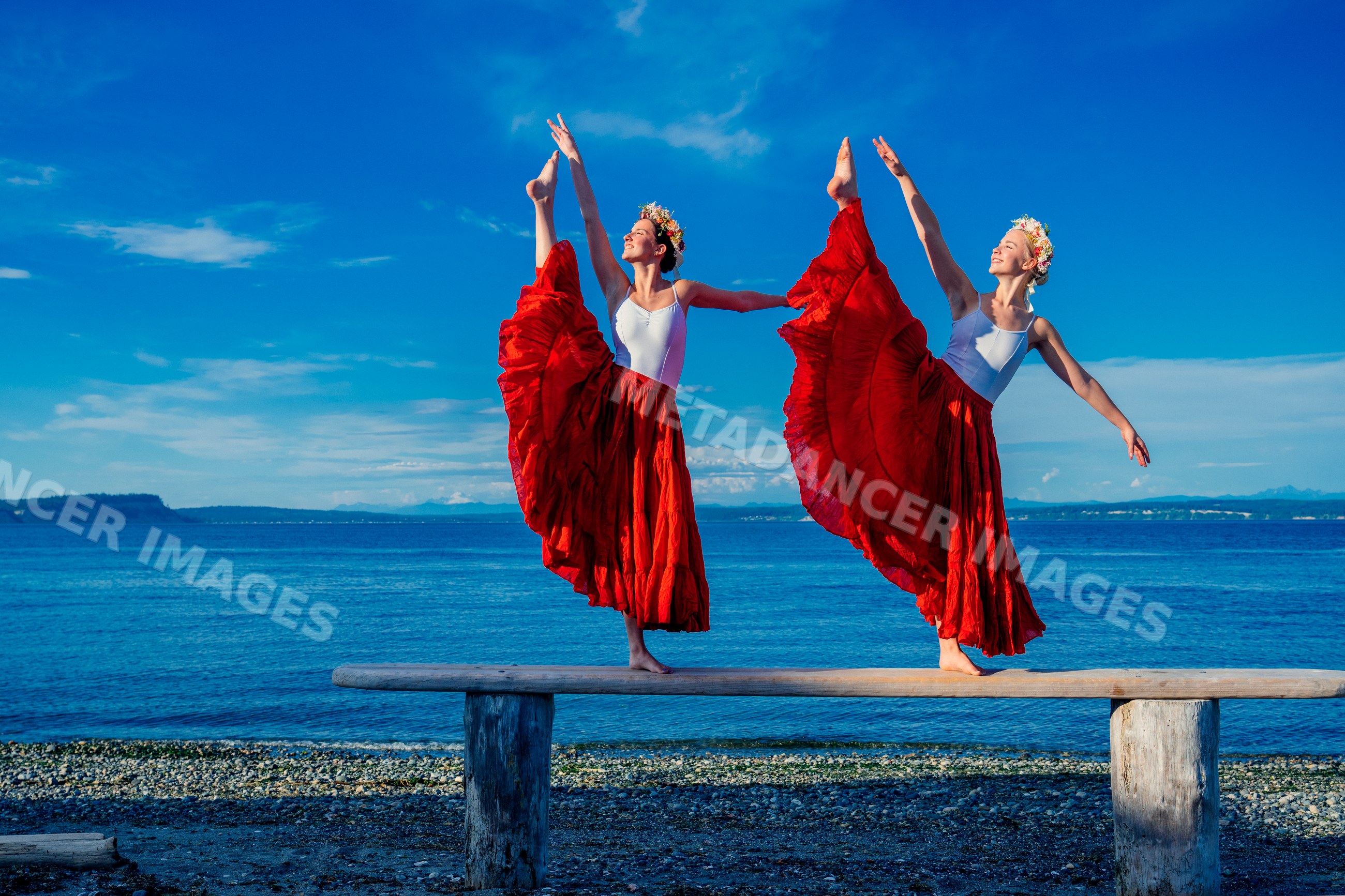 Two white women balancing