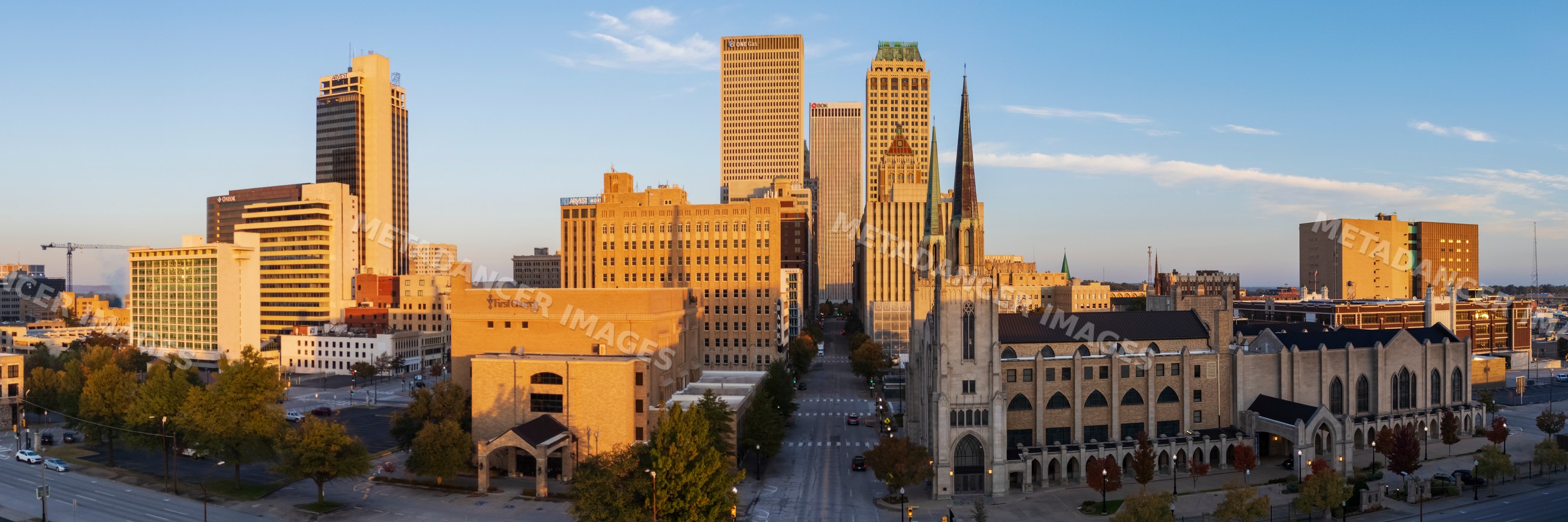 Tulsa skyline at sunrise over downtown oklahoma cityscape