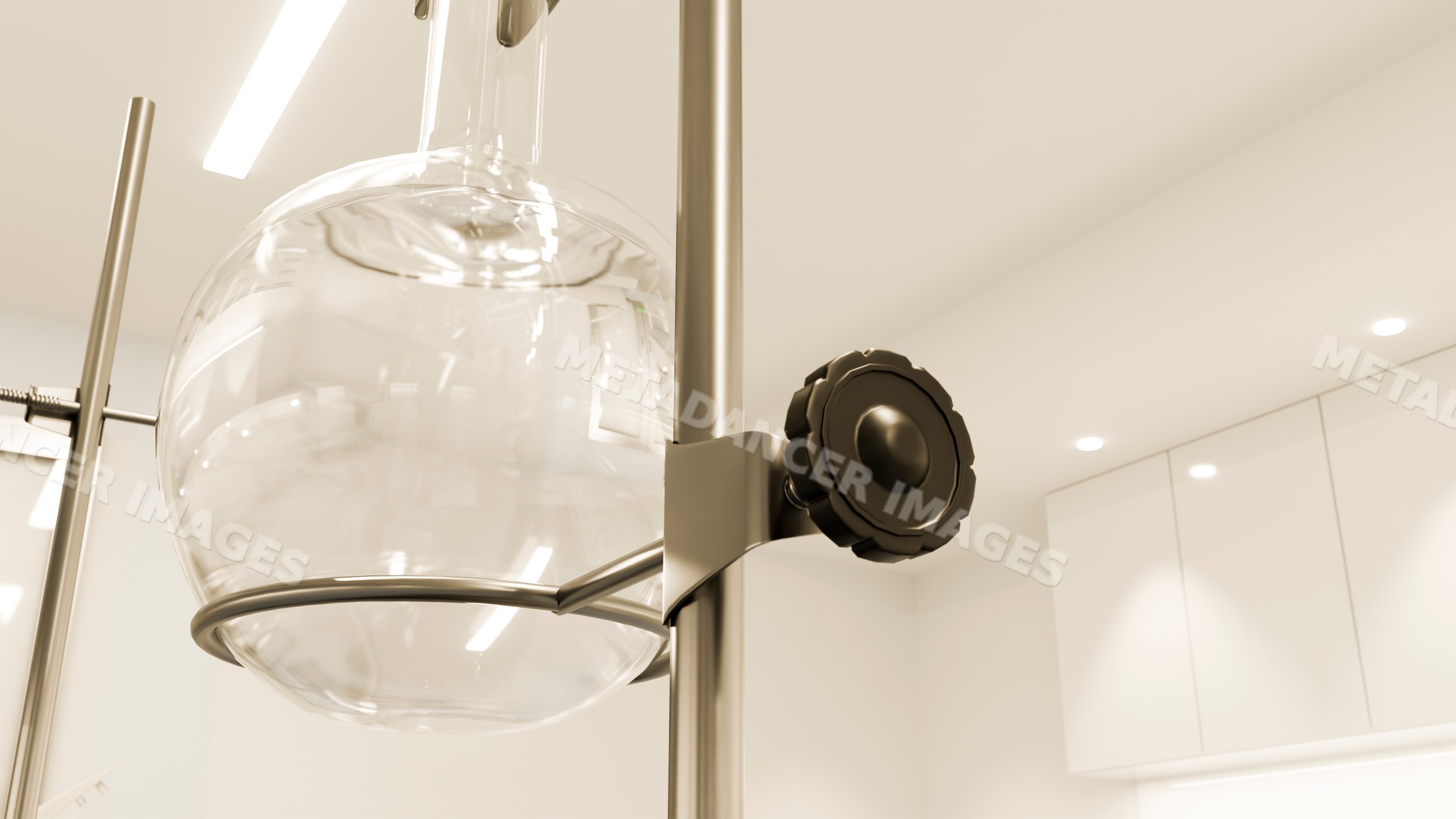 Round bottom flask held by clamp stand in laboratory setting