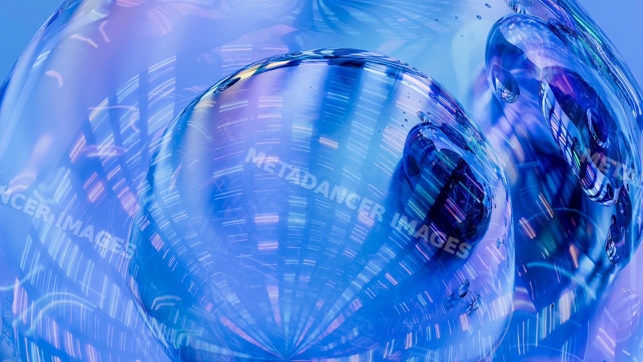 Blue transparent bubbles with iridescent light reflections