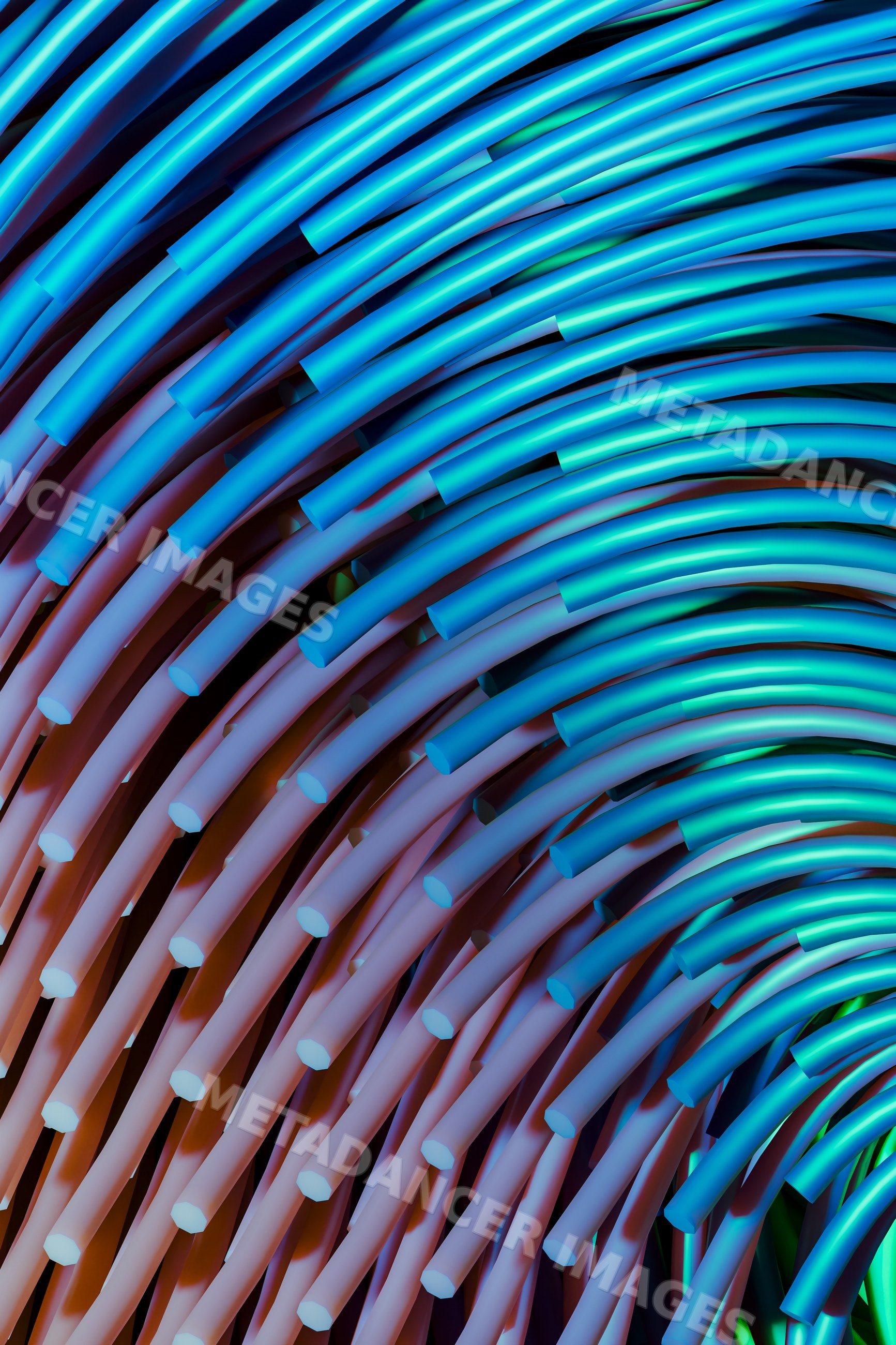 Curved blue rods form an abstract geometric pattern