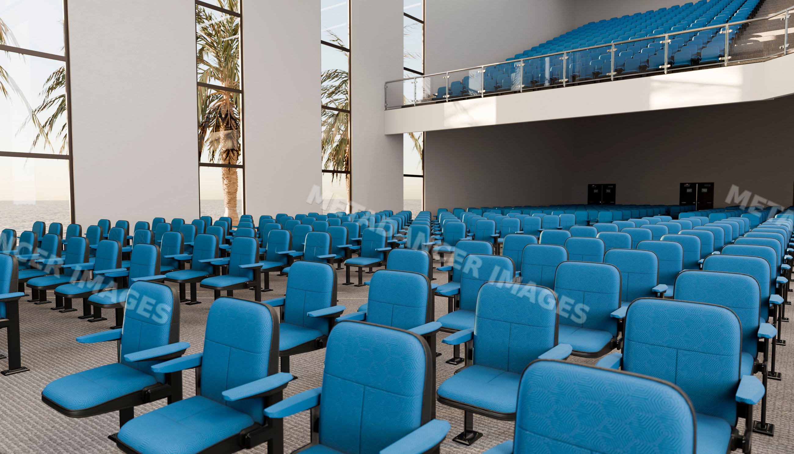 Empty auditorium with blue chairs and large windows showing palm trees
