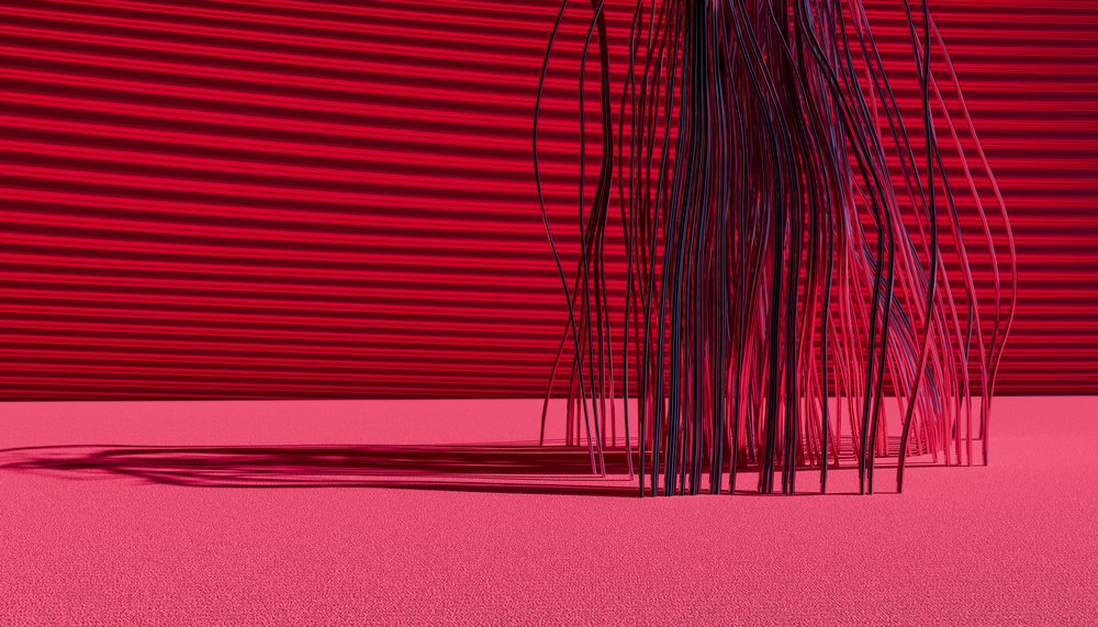 Abstract modern art installation with curved metallic rods and shadow