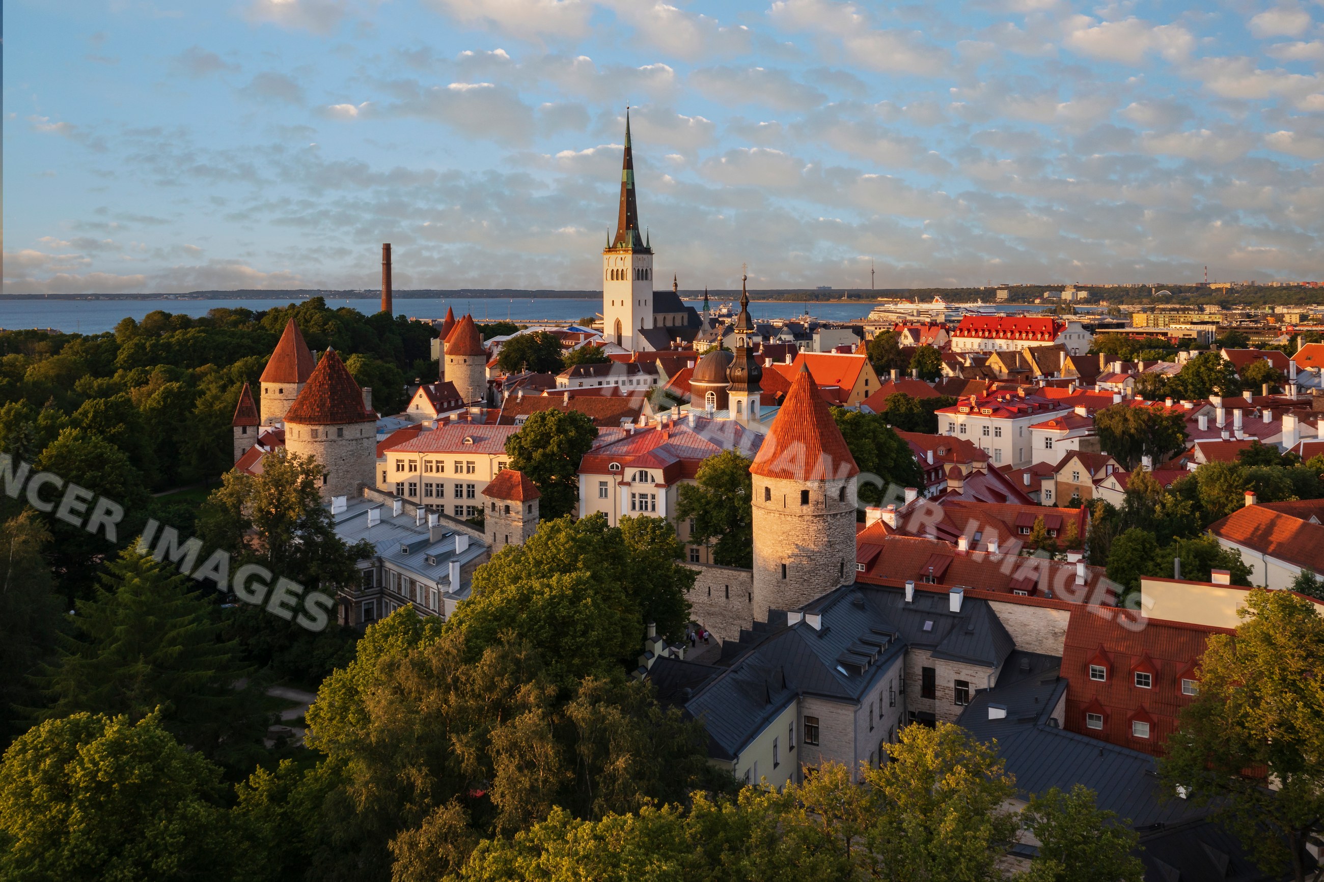 Tallinn Skyline with historic towers and red roofs in a church