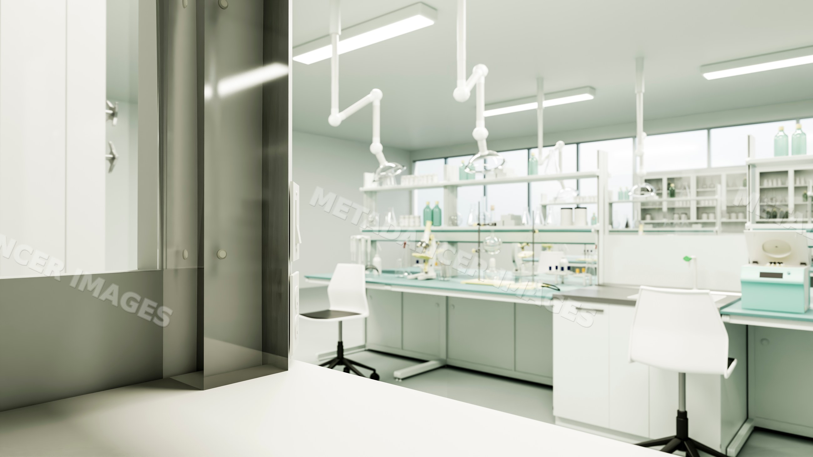 Laboratory workspace with microscopes and scientific equipment